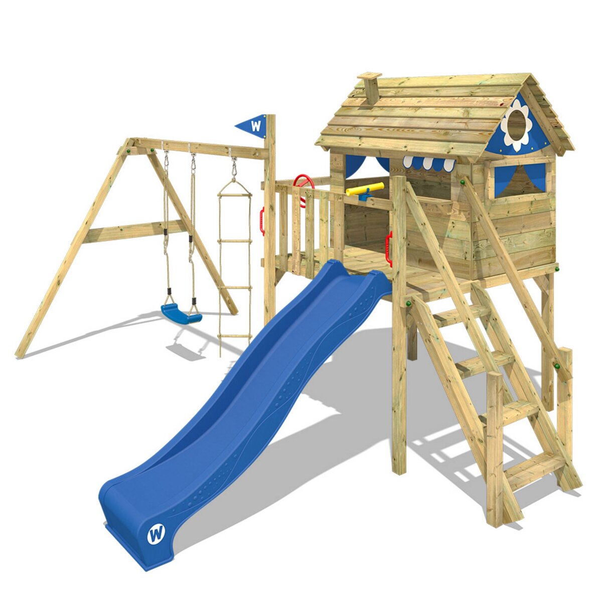 WICKEY Aire de jeux Portique bois Smart Journey avec balançoire et toboggan bleu Maison enfant extérieure avec bac à sable, échelle d'escalade & accessoires de jeux