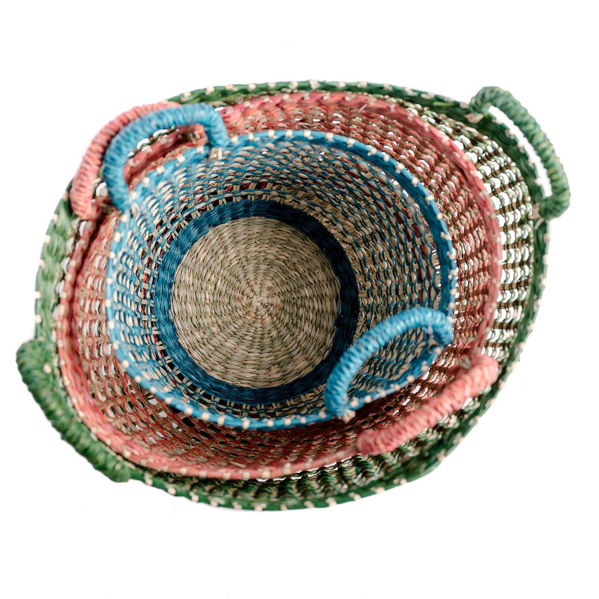Voir la diapositive 4 : KB8 Lot de 3 paniers colorés en jonc de mer - vert, rouge et bleu