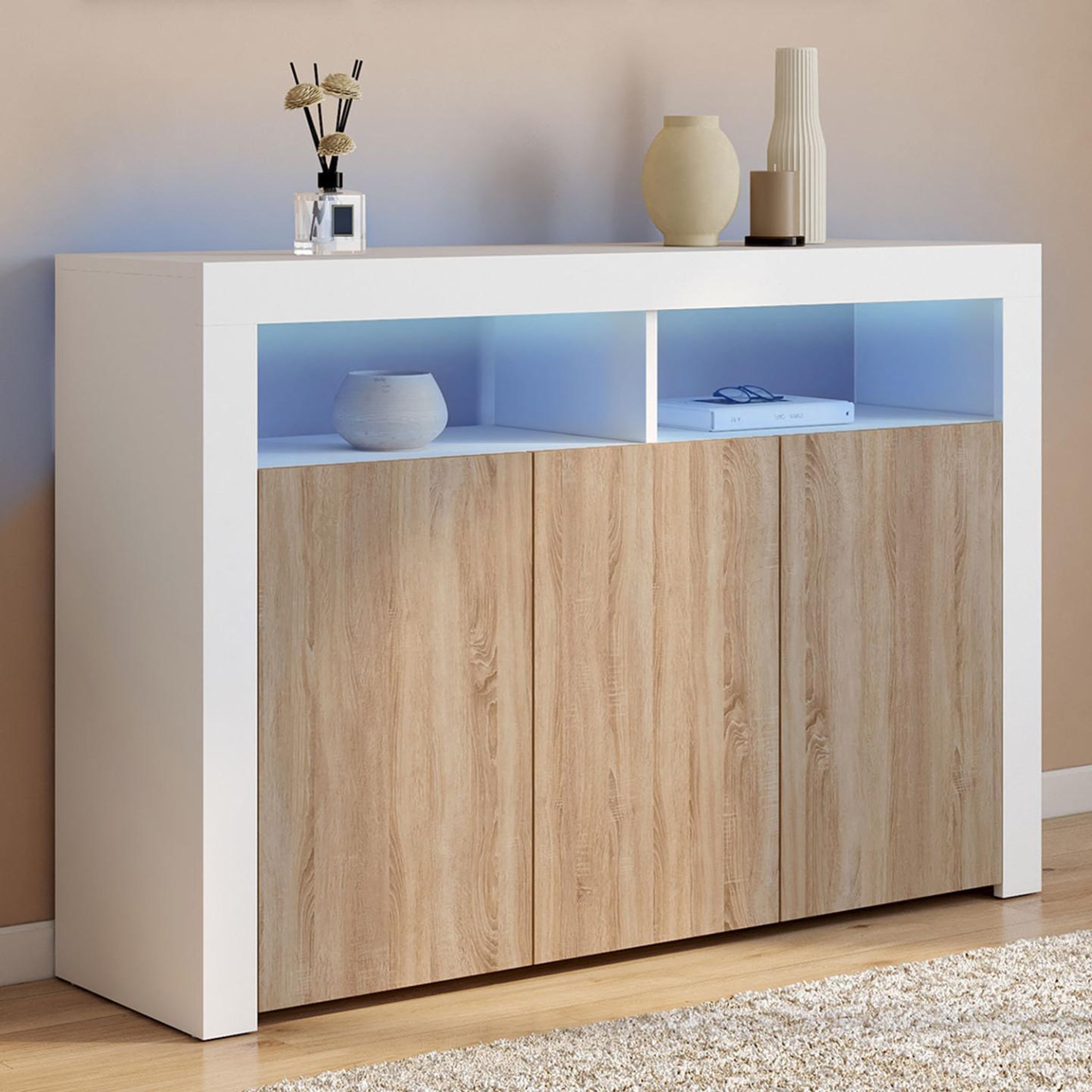 Voir la diapositive 2 : ID MARKET Buffet 110 cm elight 3 portes avec led et niches blanc et bois façon hêtre