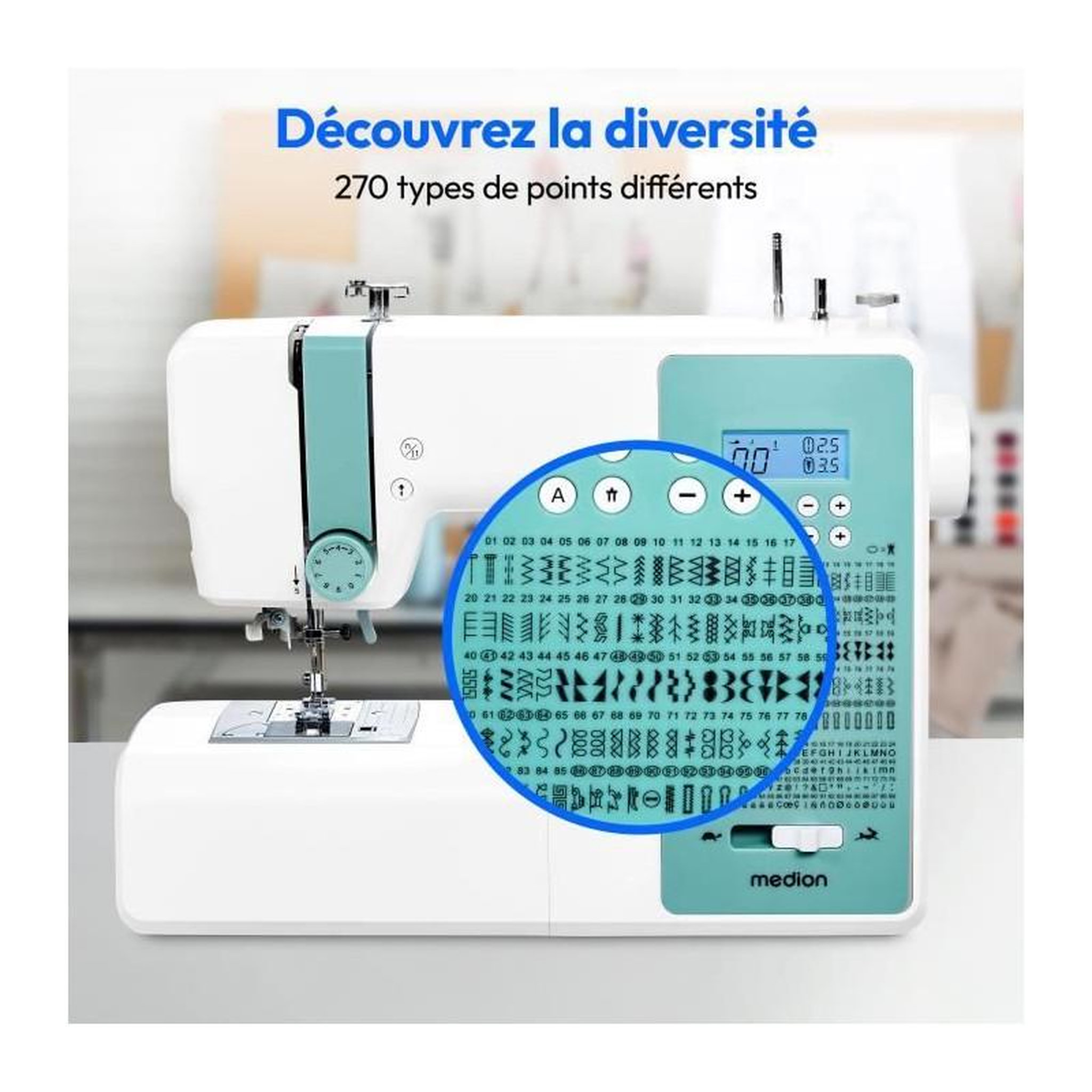 Voir la diapositive 2 : Medion Machine a Coudre Numérique - MEDION - SD 36 - 38W - 270 Points - 700 tr/min - LED - Turquoise