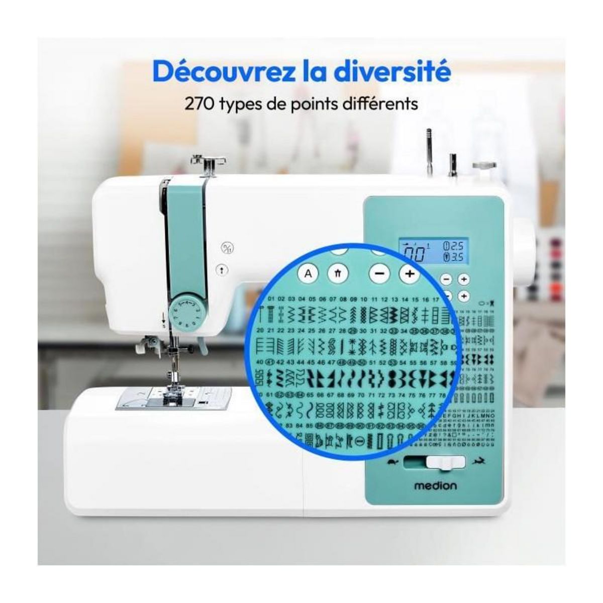 Medion Machine a Coudre Numérique - MEDION - SD 36 - 38W - 270 Points - 700 tr/min - LED - Turquoise