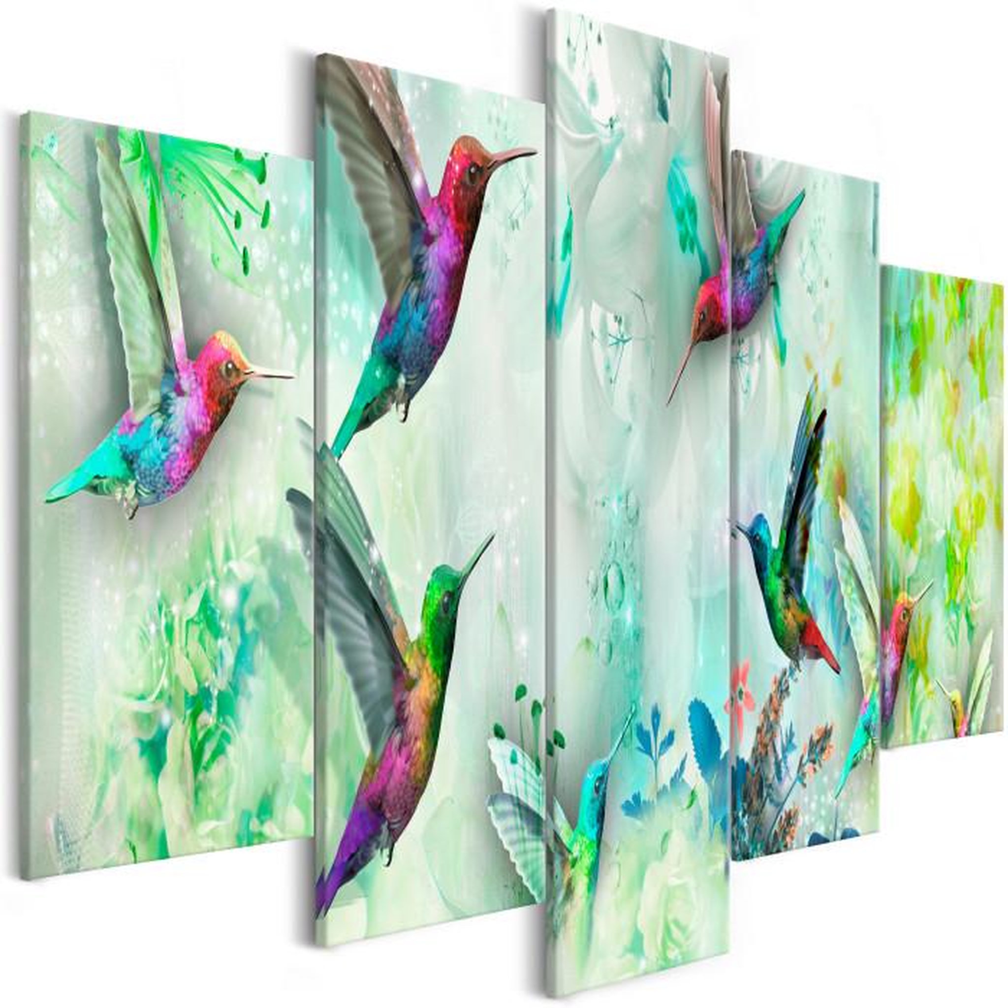 Paris Prix Tableau 5 Panneaux  Colourful Hummingbirds Wide Green. Coloris disponibles : Multicolore