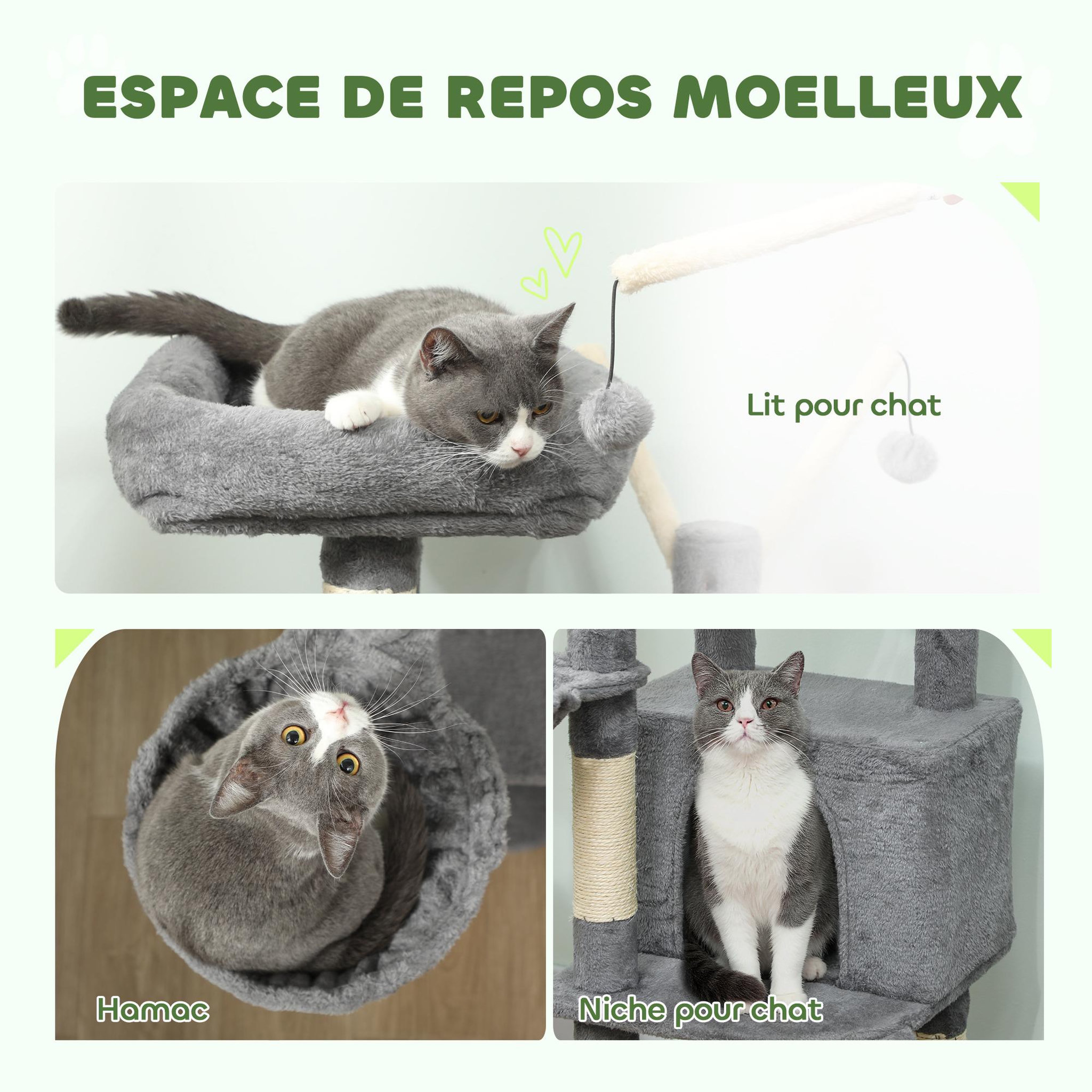 Voir la diapositive 6 : PAWHUT Arbre à chat multi-équipé niche hamac plateforme 3 boules griffoirs grattoir gris