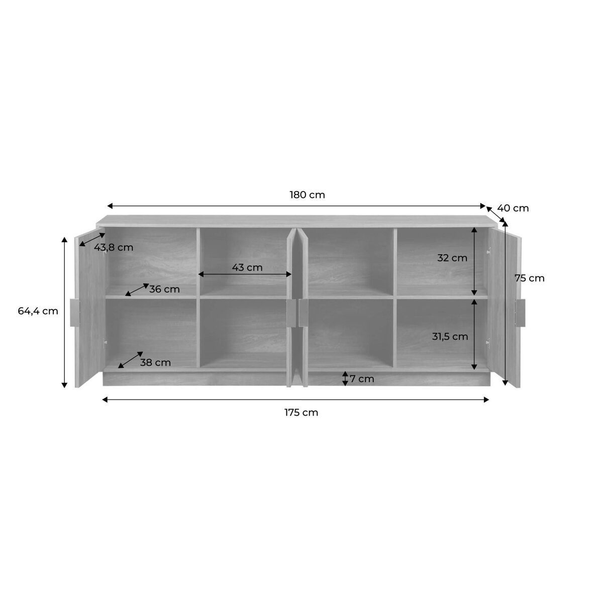 SWEEEK Buffet exotique 4 portes. effet bois de manguier rainuré. buffet bas. poignées en métal doré. L 180 x P 40 x H 75cm