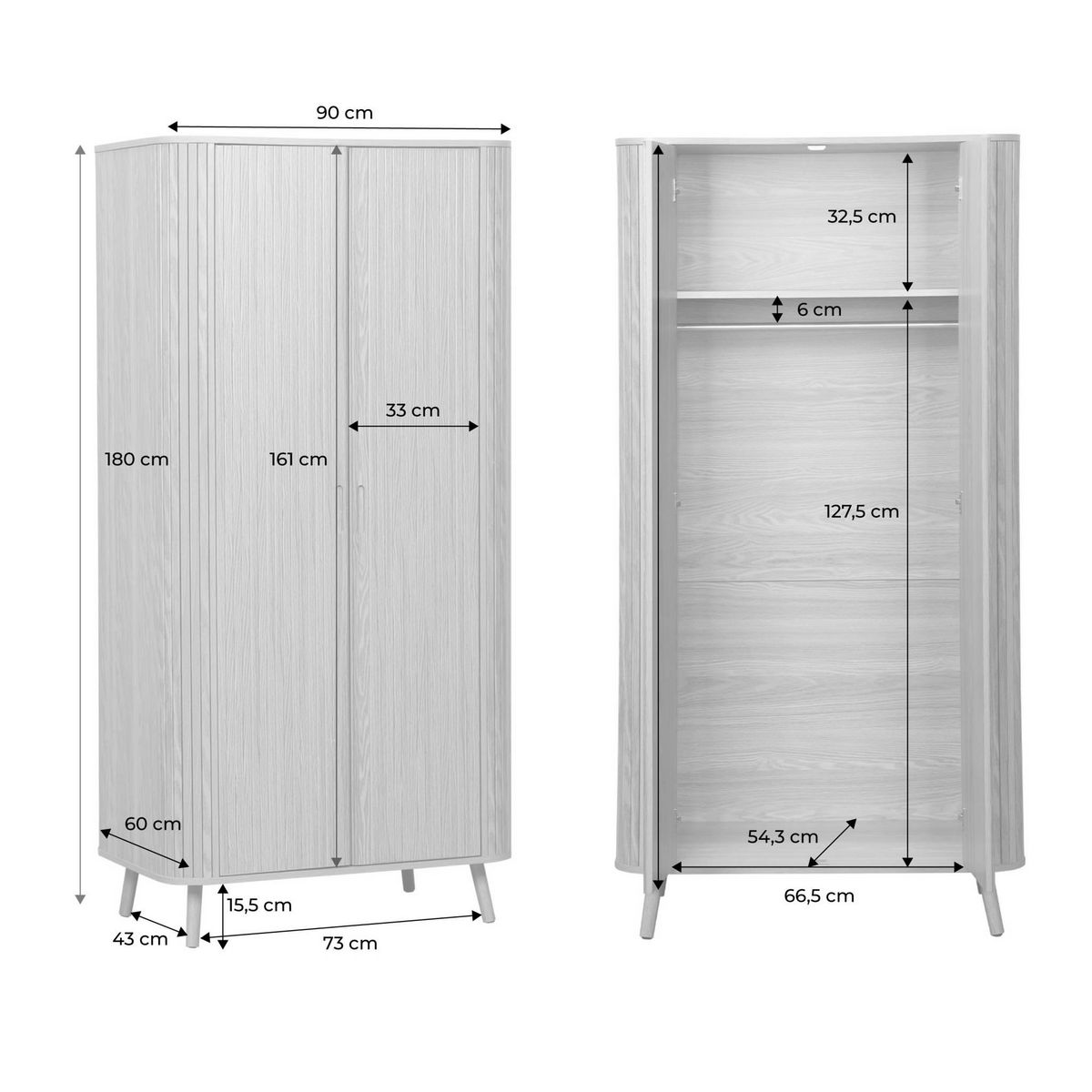 SWEEEK Armoire 2 portes effet bois rainuré avec étagère et penderie. L 90 x P 60 x H 180cm