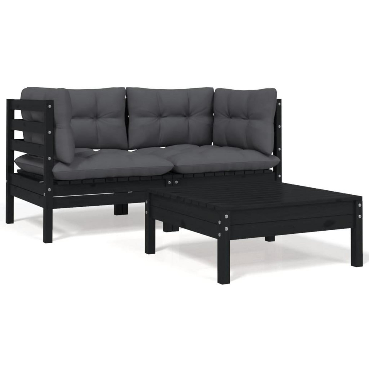 VIDAXL Salon de jardin 3 pcs avec coussins Noir Bois de pin massif