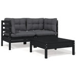 VIDAXL Salon de jardin 3 pcs avec coussins Noir Bois de pin massif