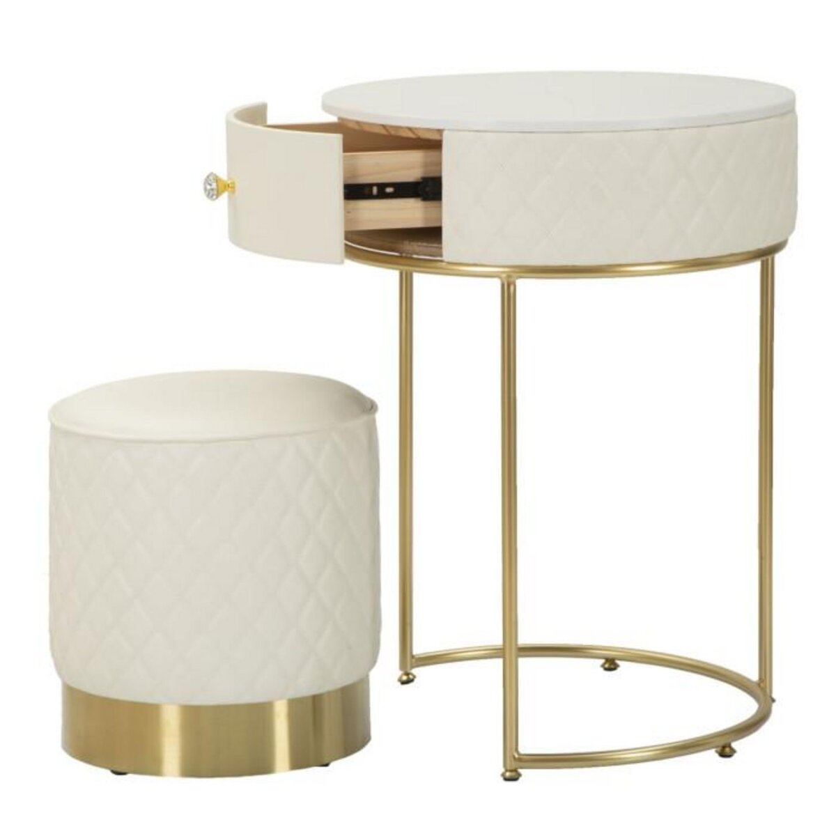 Paris Prix Table de Chevet Avec Pouf  Sharon  70cm Blanc & Or