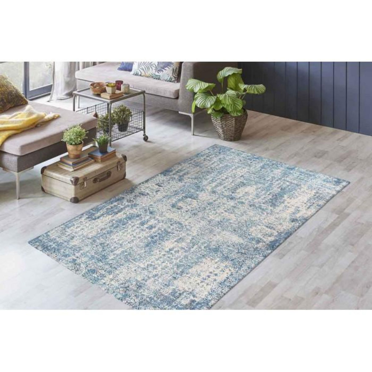 Paris Prix Tapis Tissé Imprimé Vintage Délavé  Percy  Bleu