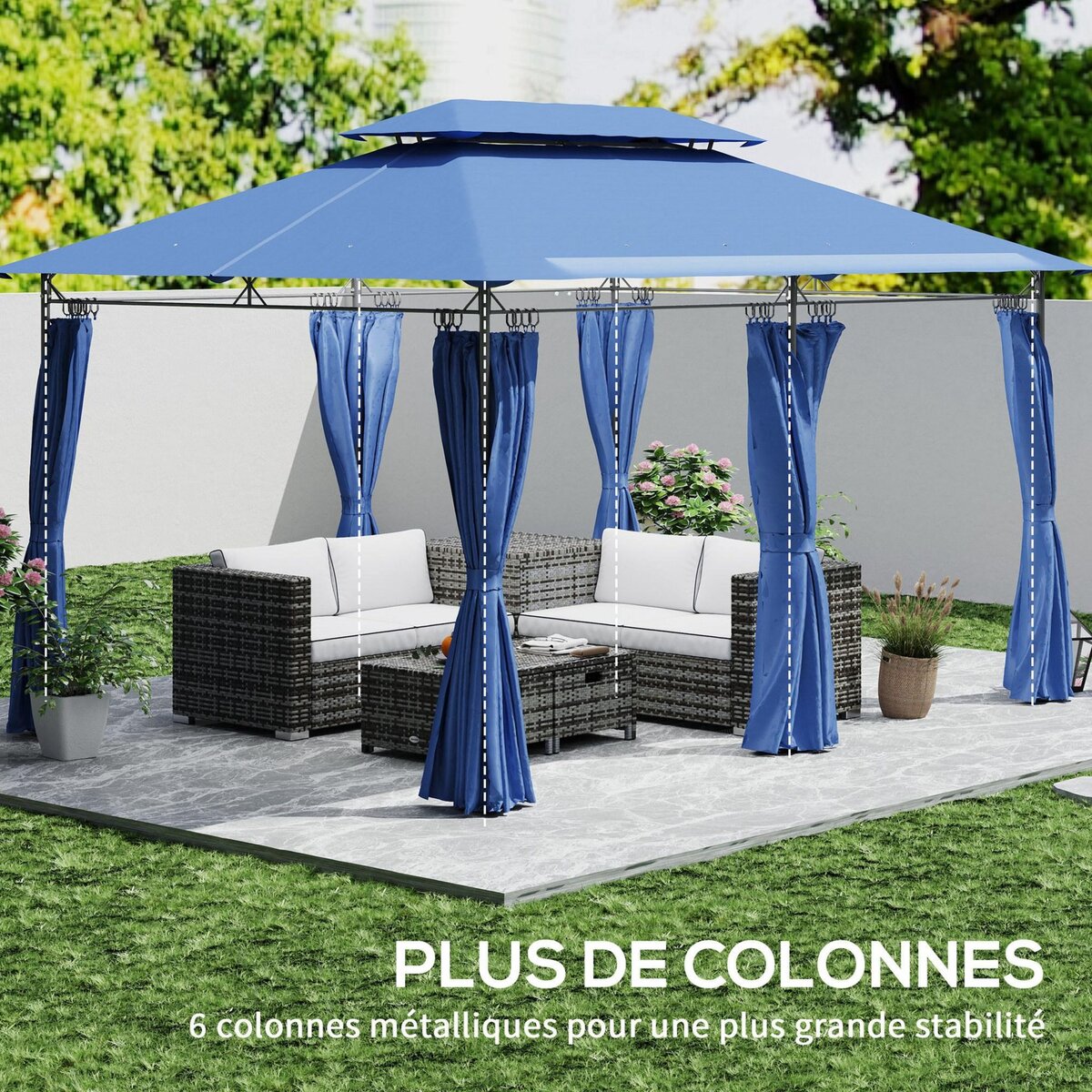 OUTSUNNY Tonnelle barnum 3 x 4 m 6 rideaux amovibles double toit métal époxy polyester bleu
