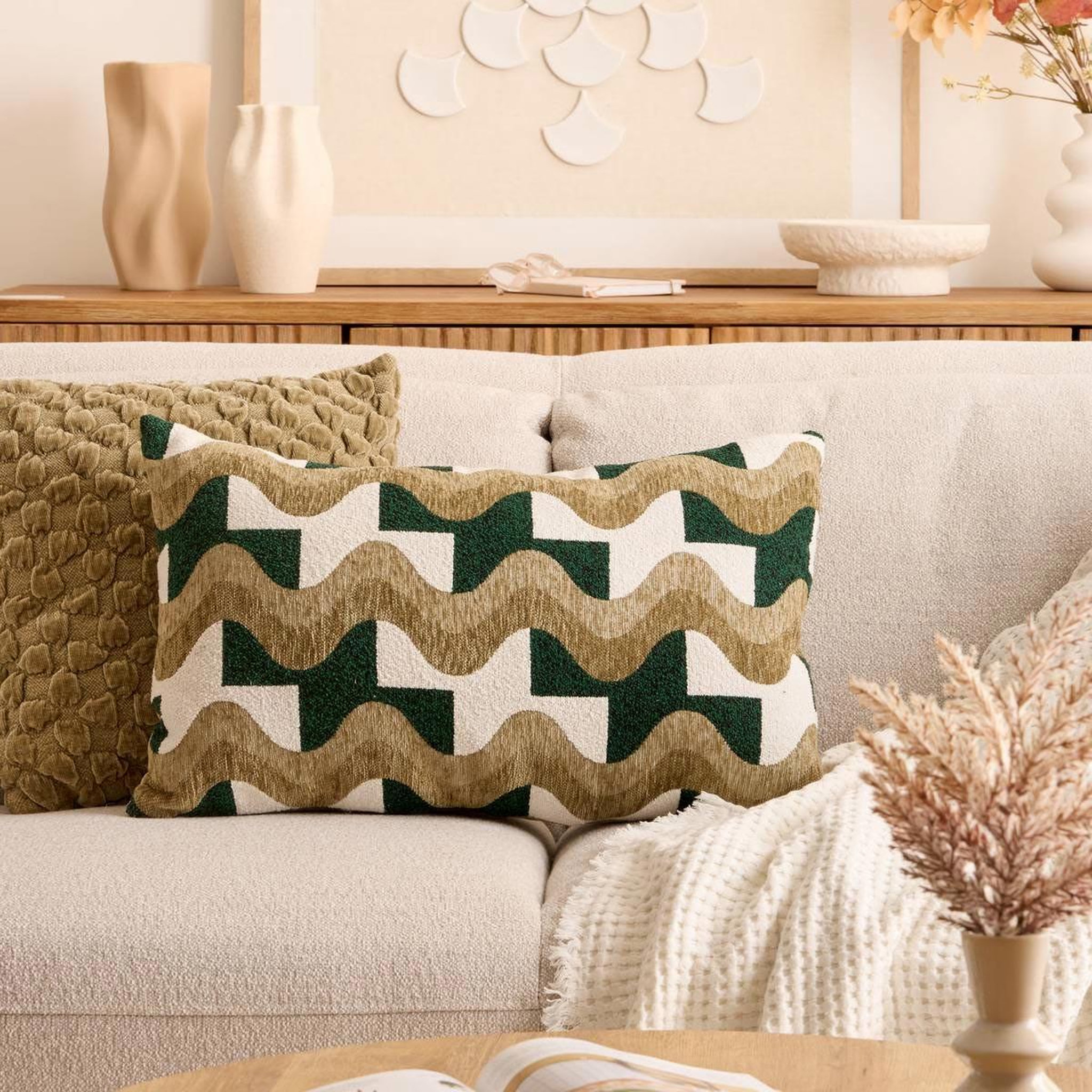 Voir la diapositive 5 : ATMOSPHERA Coussin en jacquard chenillé  floe  38x58cm kaki