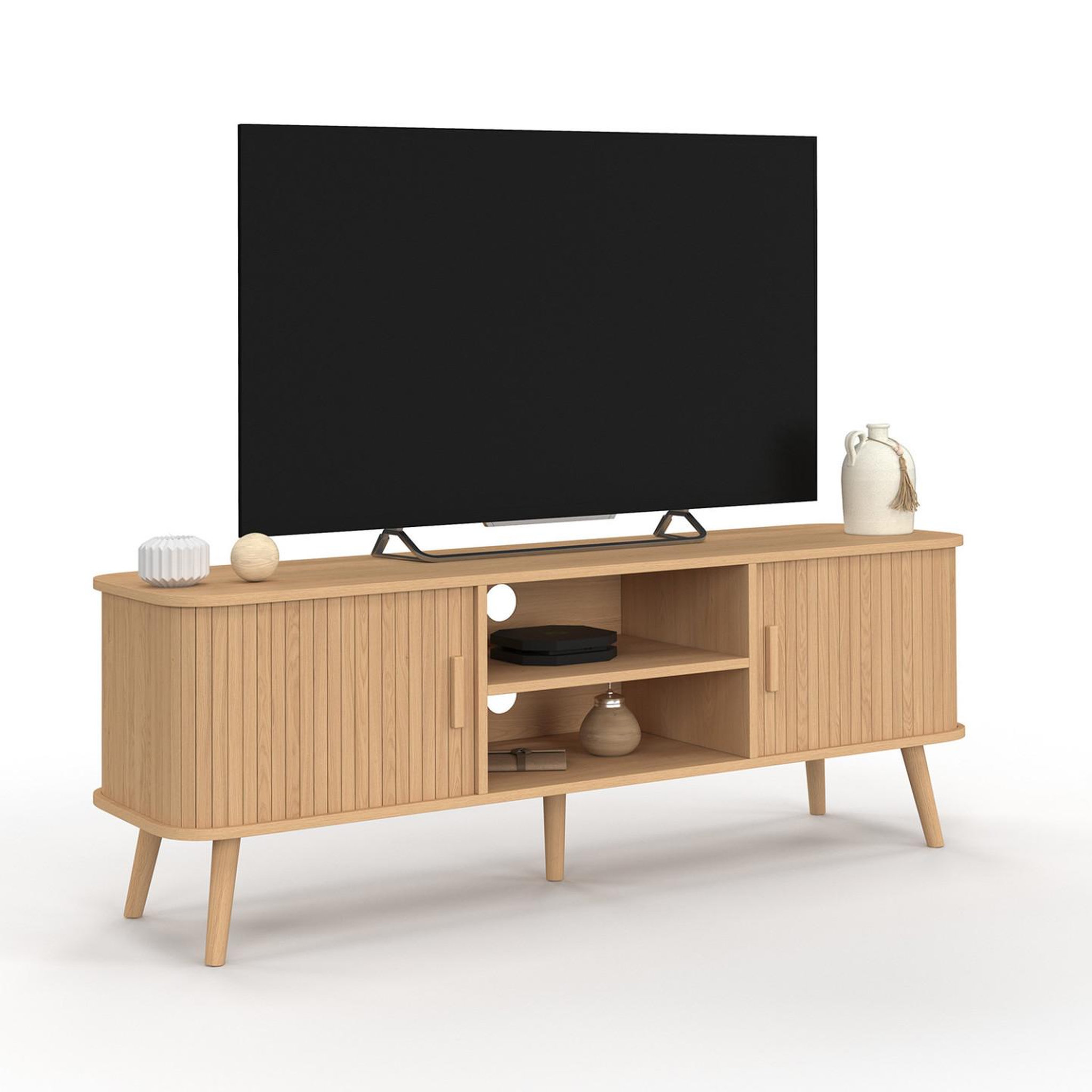 ID MARKET Meuble tv 140 cm romie 2 portes coulissantes lattes tasseau bois coloris chêne