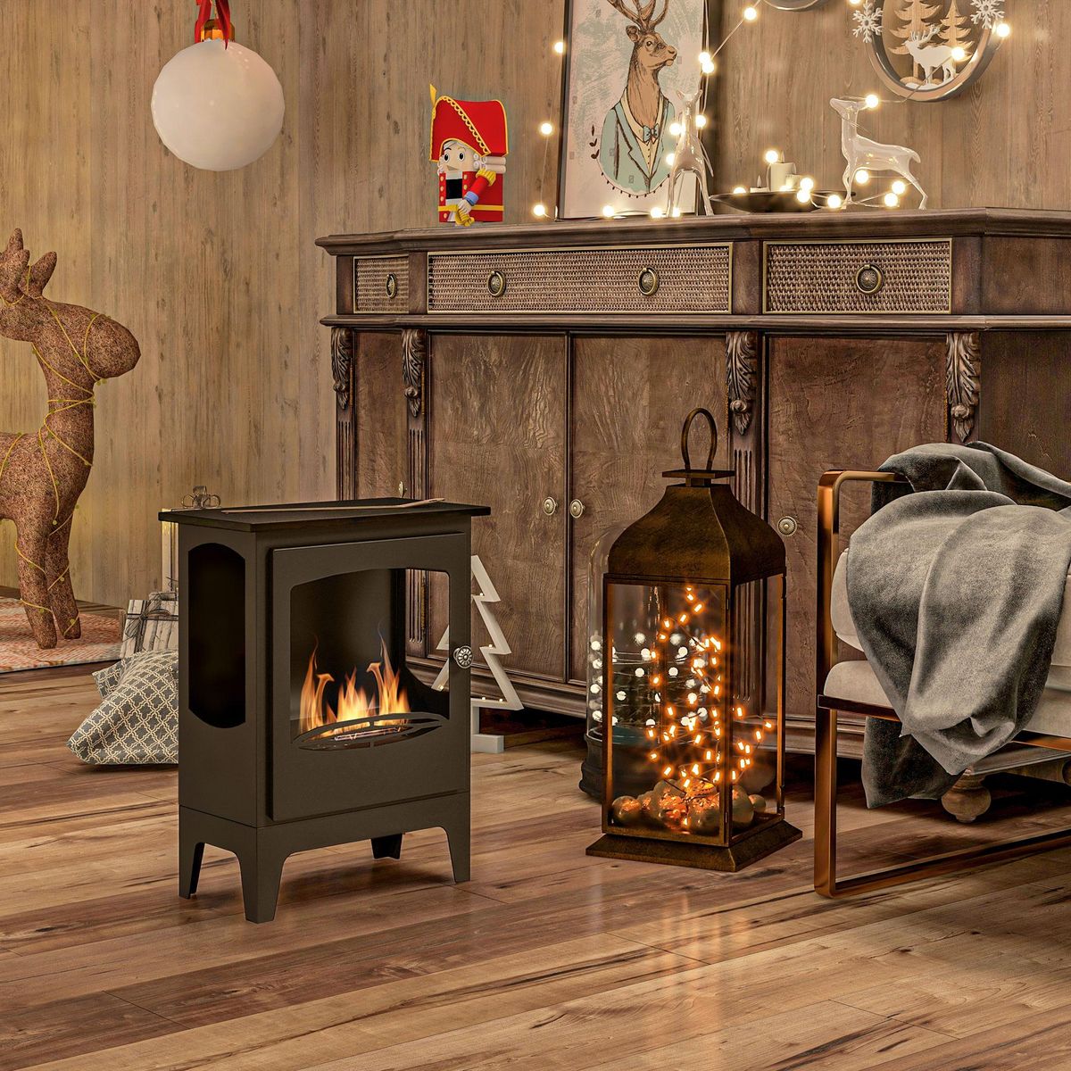 HOMCOM Cheminée bioéthanol sur pied style néo-rétro poêle - brûleur 1,2 L - contrôle de flamme et manche inclus - acier noir