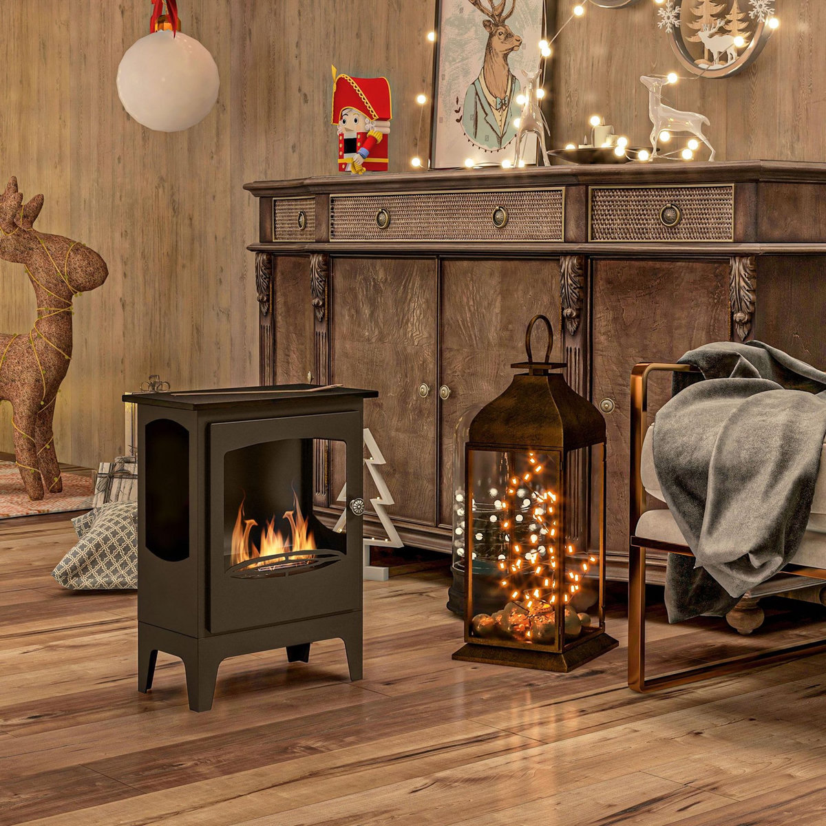 HOMCOM Cheminée bioéthanol sur pied style néo-rétro poêle - brûleur 1,2 L - contrôle de flamme et manche inclus - acier noir