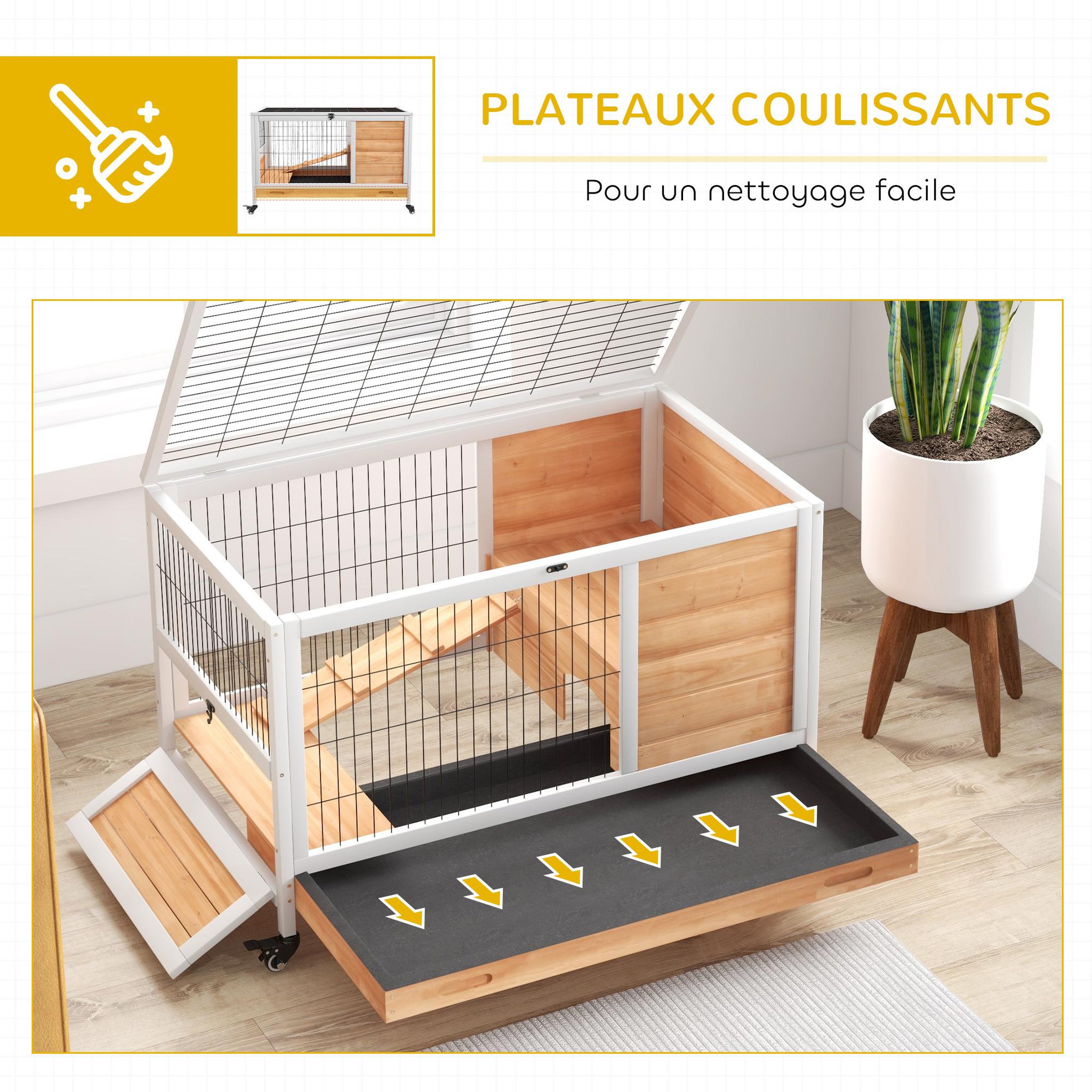 Voir la diapositive 5 : PAWHUT Clapier à lapin sur roulettes cage à lapin 2 étages porte verrouillable toit ouvrant plateau coulissant rampe bois de sapin orange blanc