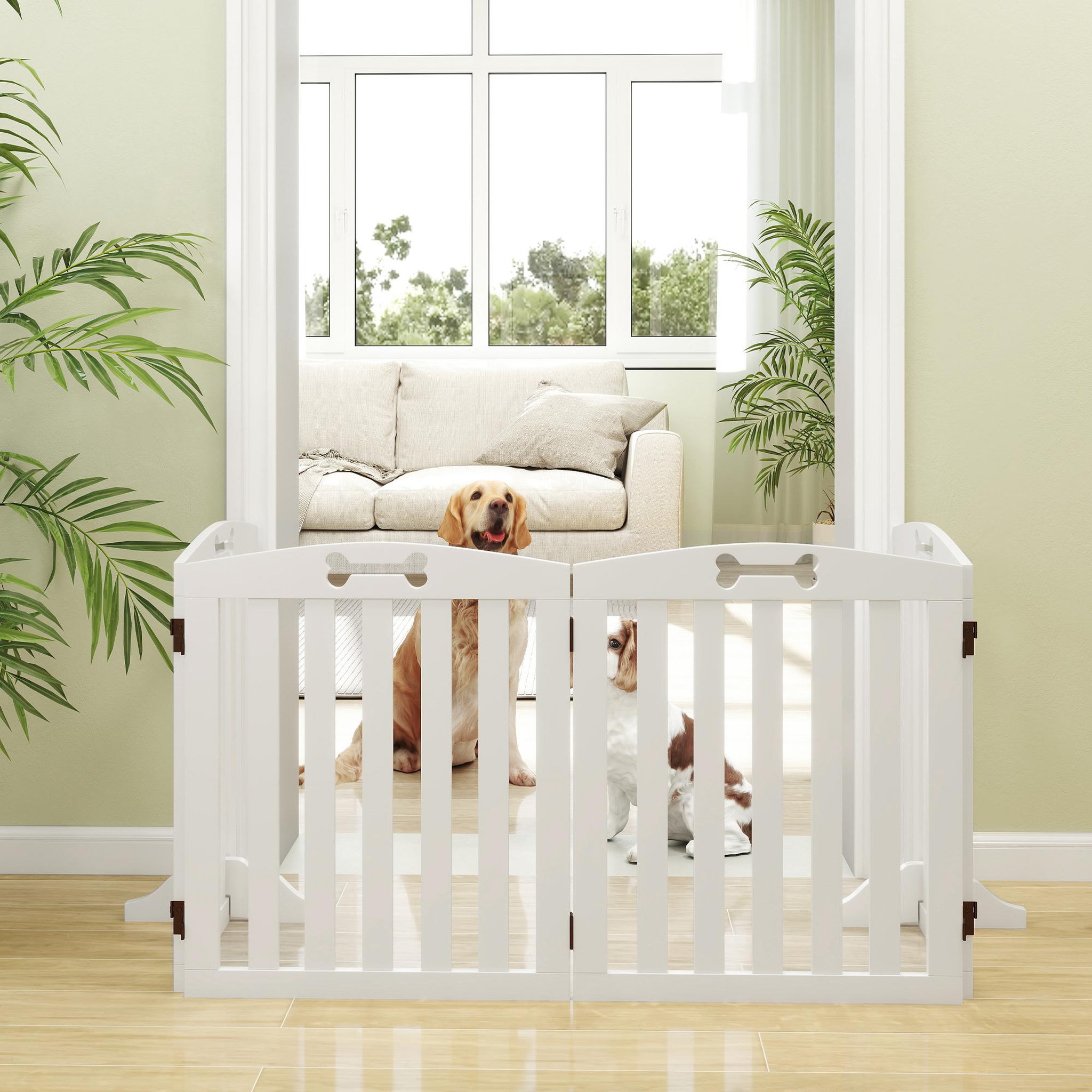 Voir la diapositive 2 : PAWHUT Barrière de sécurité chien pliable adaptable motif os - piètement support antidérapant - 207 x 30 x 61 cm - mdf blanc