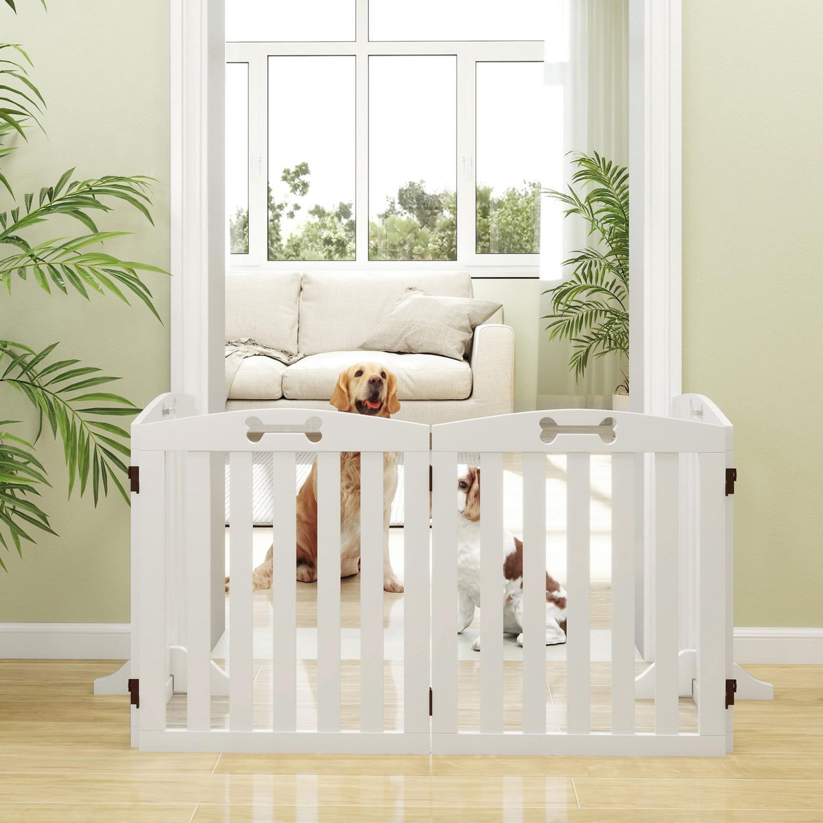 PAWHUT Barrière de sécurité chien pliable adaptable motif os - piètement support antidérapant - 207 x 30 x 61 cm - MDF blanc