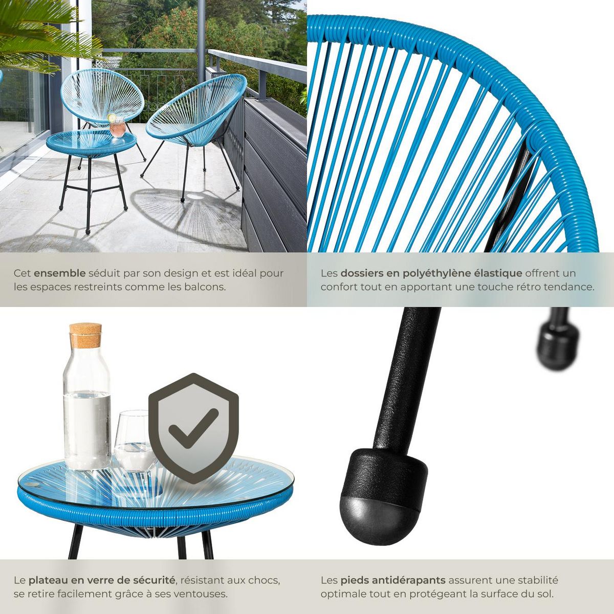 tectake Ensemble de 2 chaises de jardin avec table design rétro dans le style Acapulco bleu