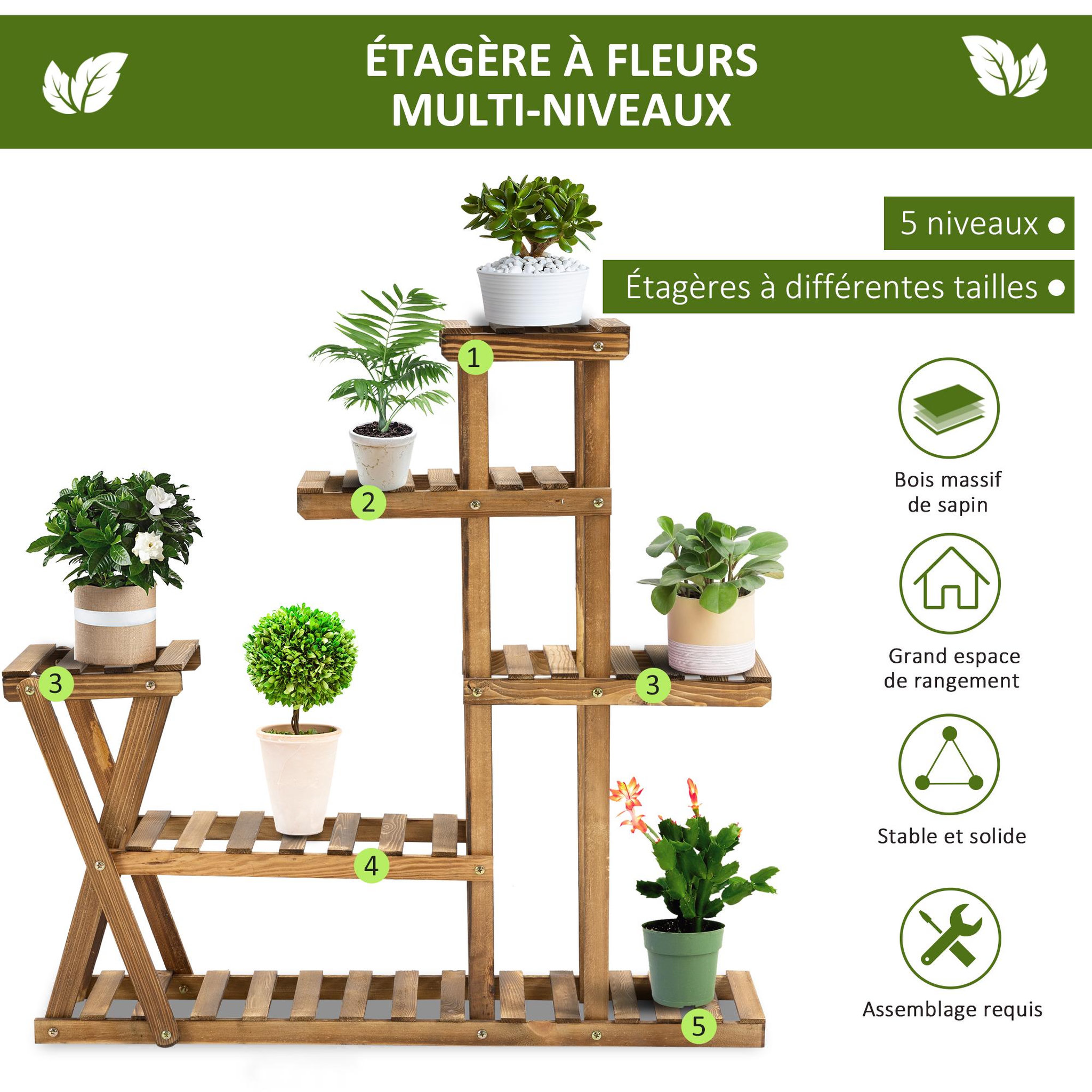 Voir la diapositive 5 : OUTSUNNY Étagère à fleurs en bois - porte plante bois 6 tablettes - dim. 98L x 28l x 95H cm - bois de sapin traité carbonisation