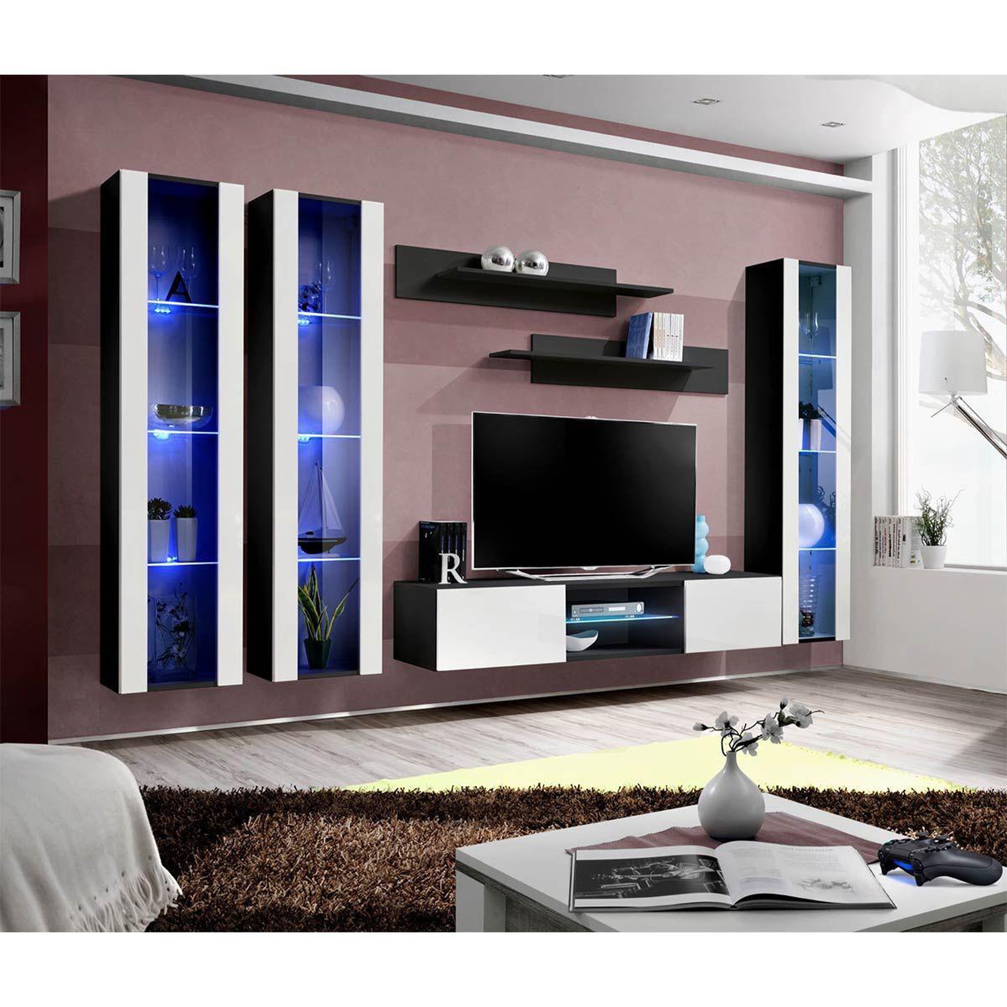 Voir la diapositive 2 : Paris Prix Meuble TV Mural Design  Fly P2  310cm Blanc & Noir