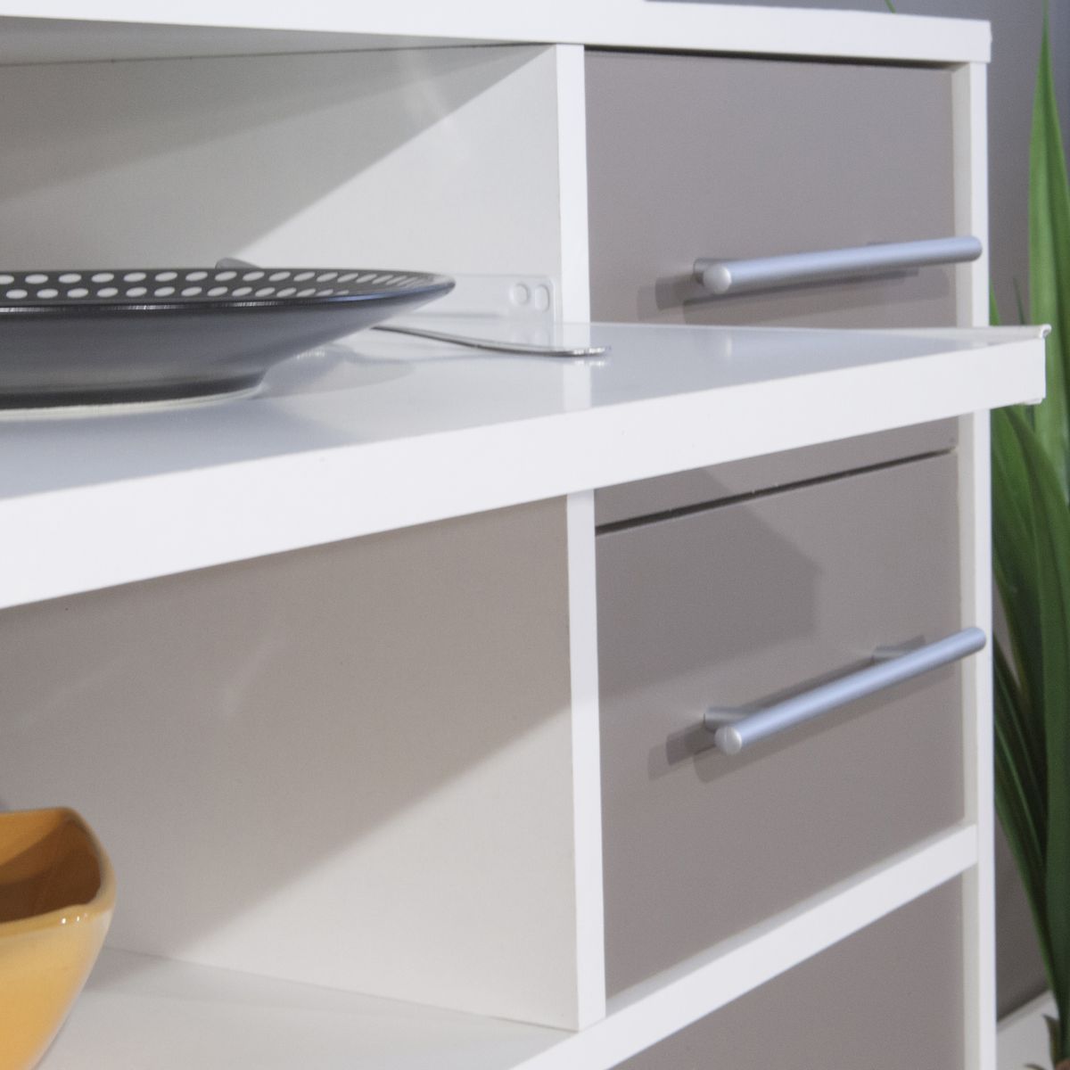 Desserte micro-ondes 3 portes 2 tiroir 1 tablette coulissante PRACTICA