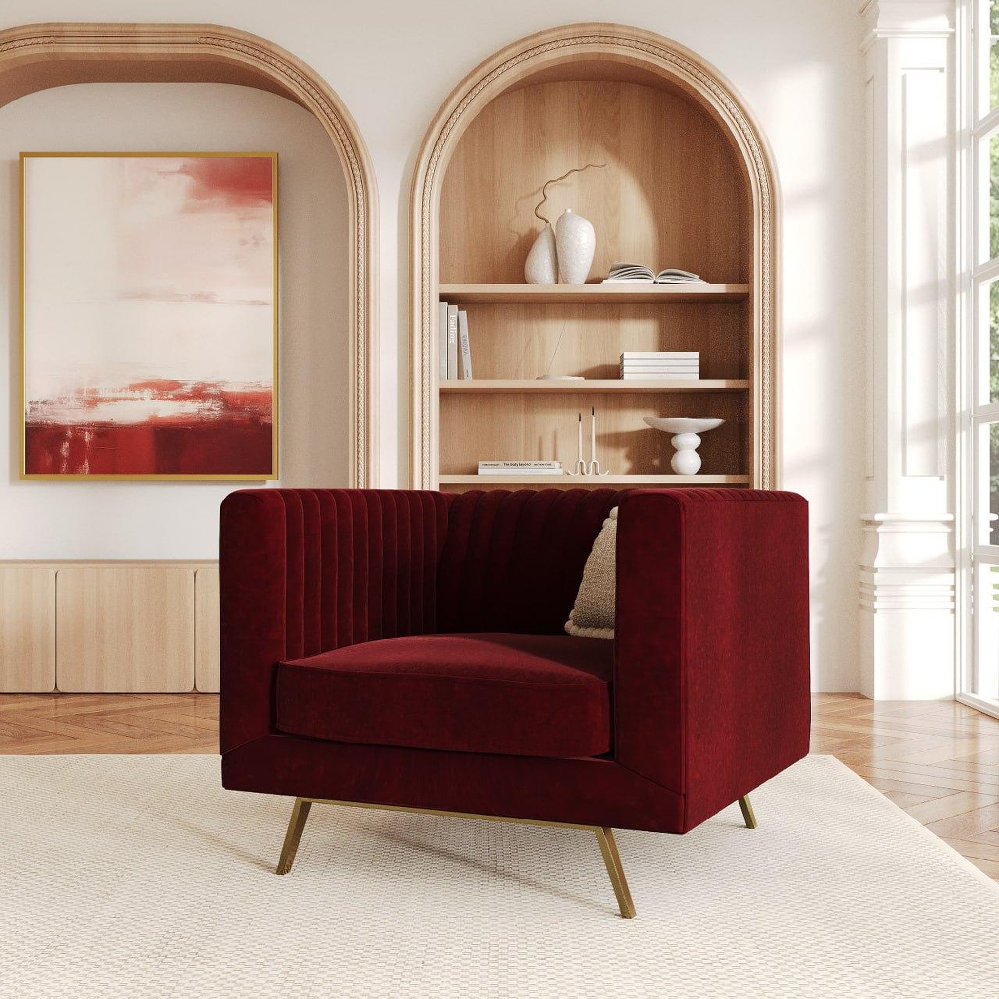 Voir la diapositive 2 : MAISON PAVANE Fauteuil en velours bordeaux et pieds en métal doré-gatsby
