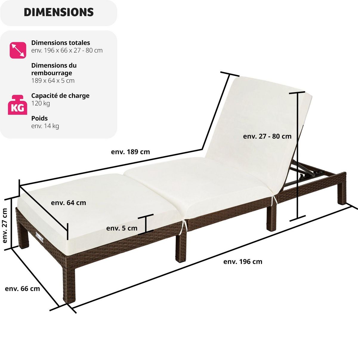 tectake Bain de soleil Transat en rotin Robuste marron