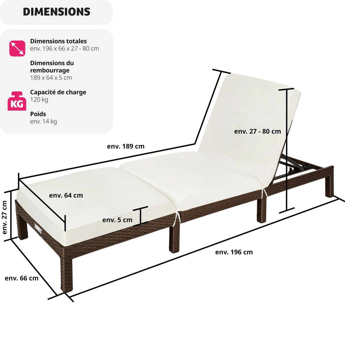tectake Bain de soleil Transat en rotin Robuste marron