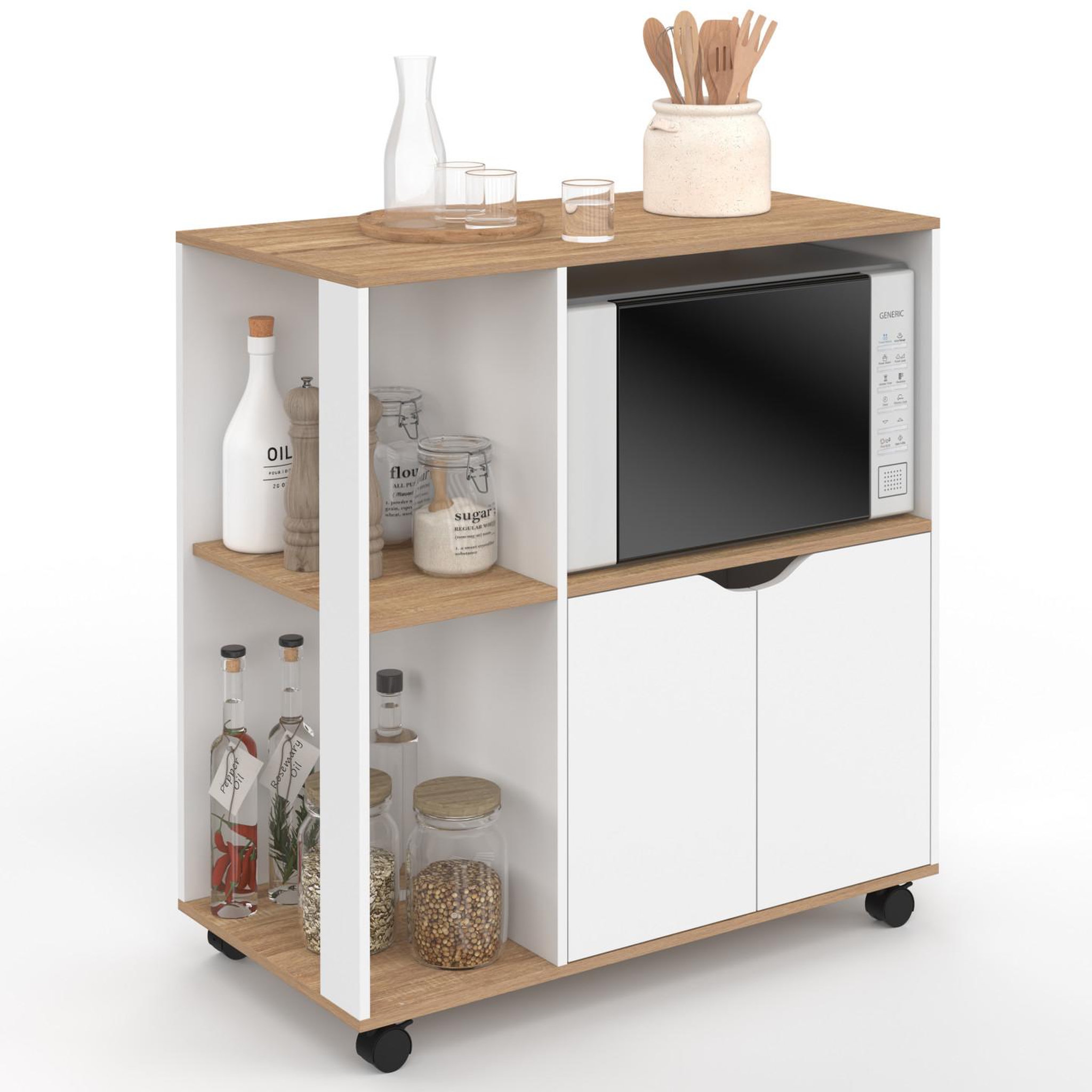 ID MARKET Desserte de cuisine COSI bois blanc et plateaux façon hêtre L.76 CM
