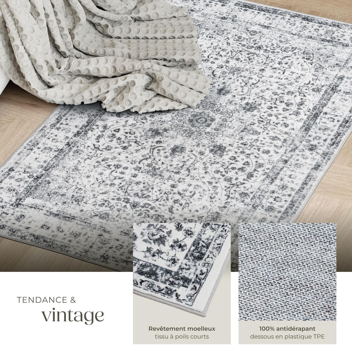 tectake Tapis design vintage à poils courts en laine synthétique et feutre gris 60 x 110 cm