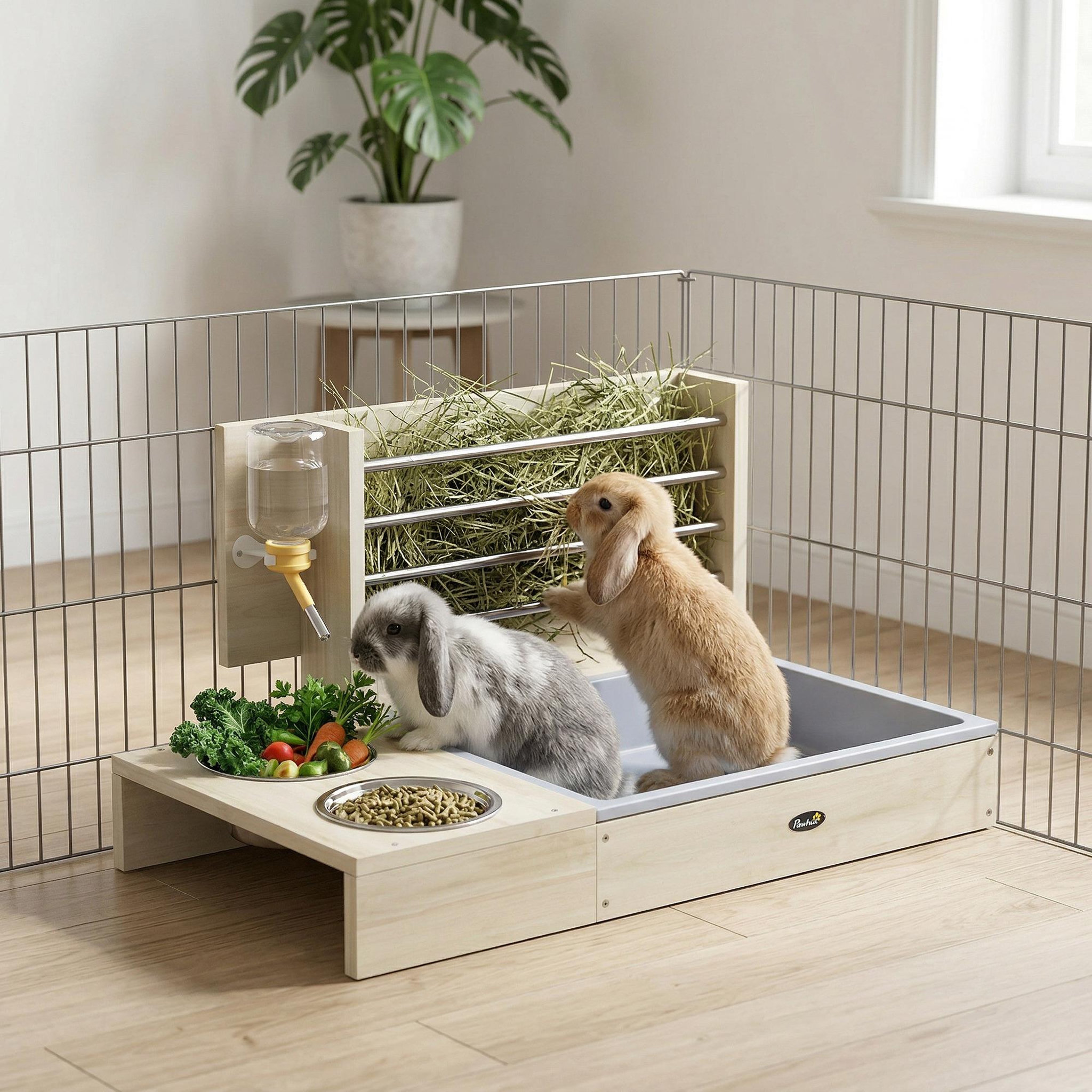 Voir la diapositive 6 : PAWHUT Station mangeoire 3 en 1 pour lapins et cochon d'Inde - râtelier à foin - bois naturel