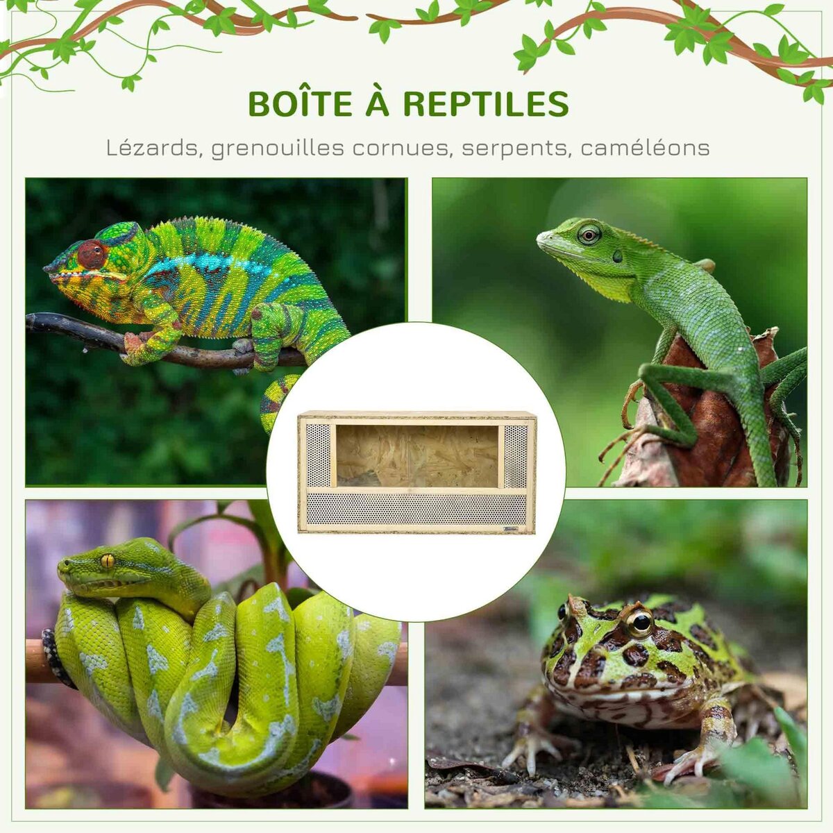 PAWHUT Terrarium - vivarium reptiles - 2 portes coulissantes verre trempé - parois maillées frontales - métal OSB