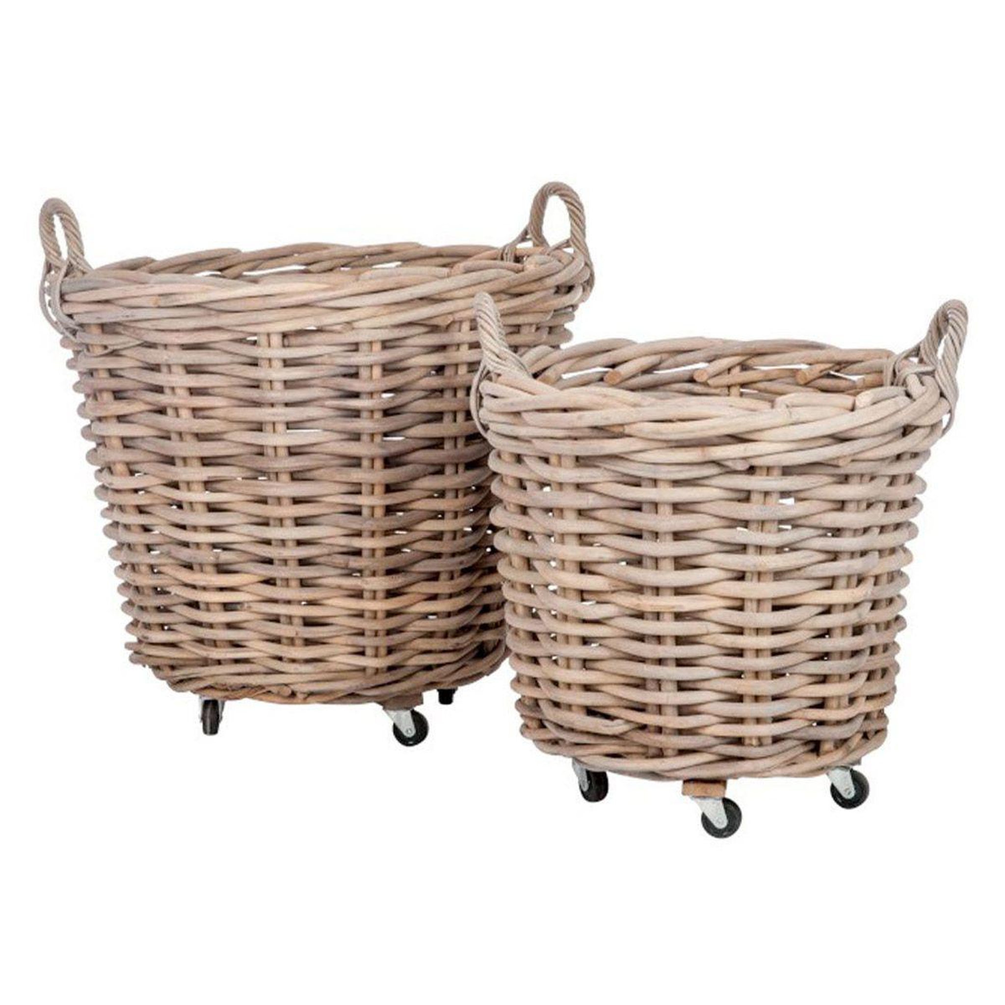 J-LINE Lot de 2 paniers ronds  anses & roulettes  82cm naturel
