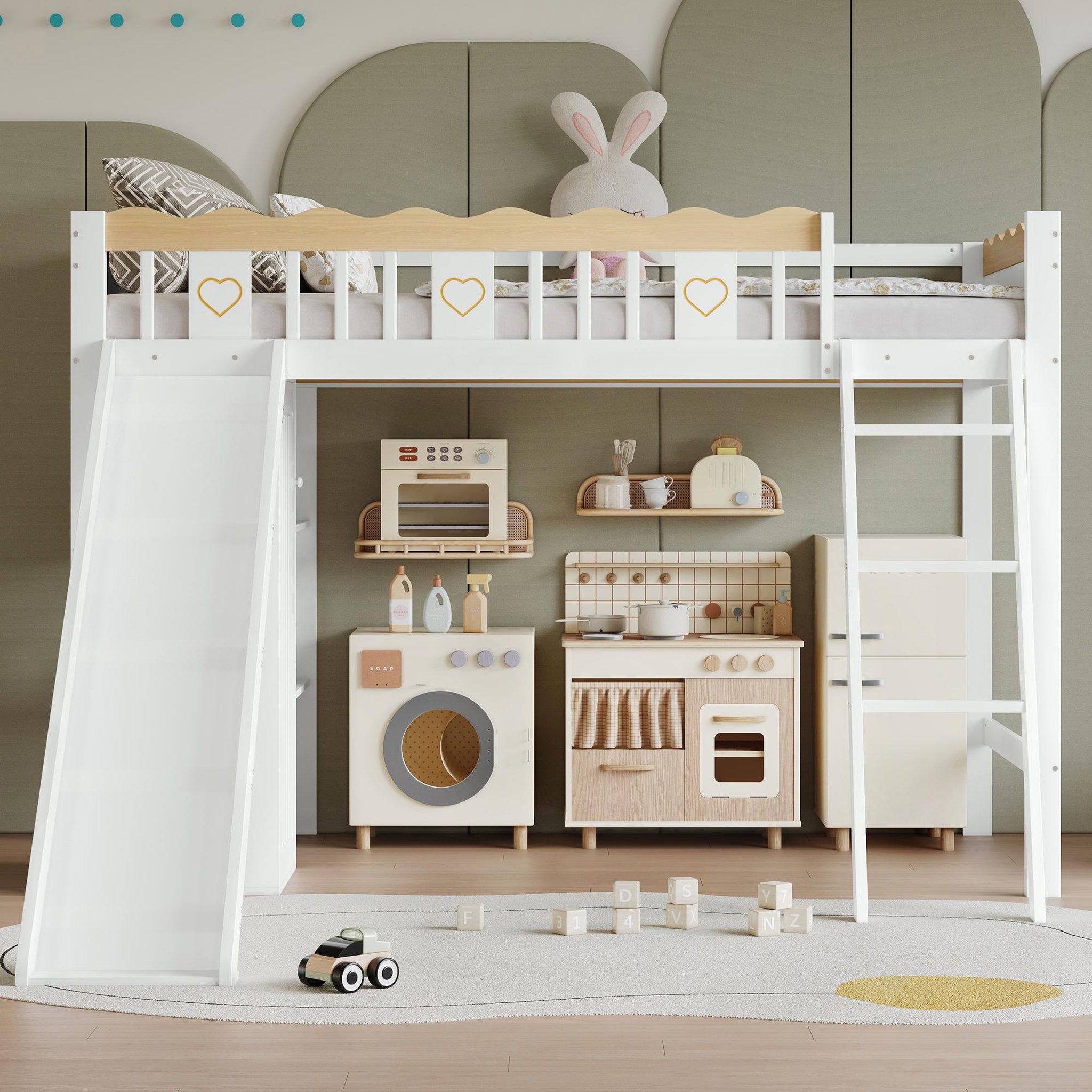 Voir la diapositive 2 : MERAX Lit combiné enfant 90x200cm coloris blanc+naturel pin et mdf