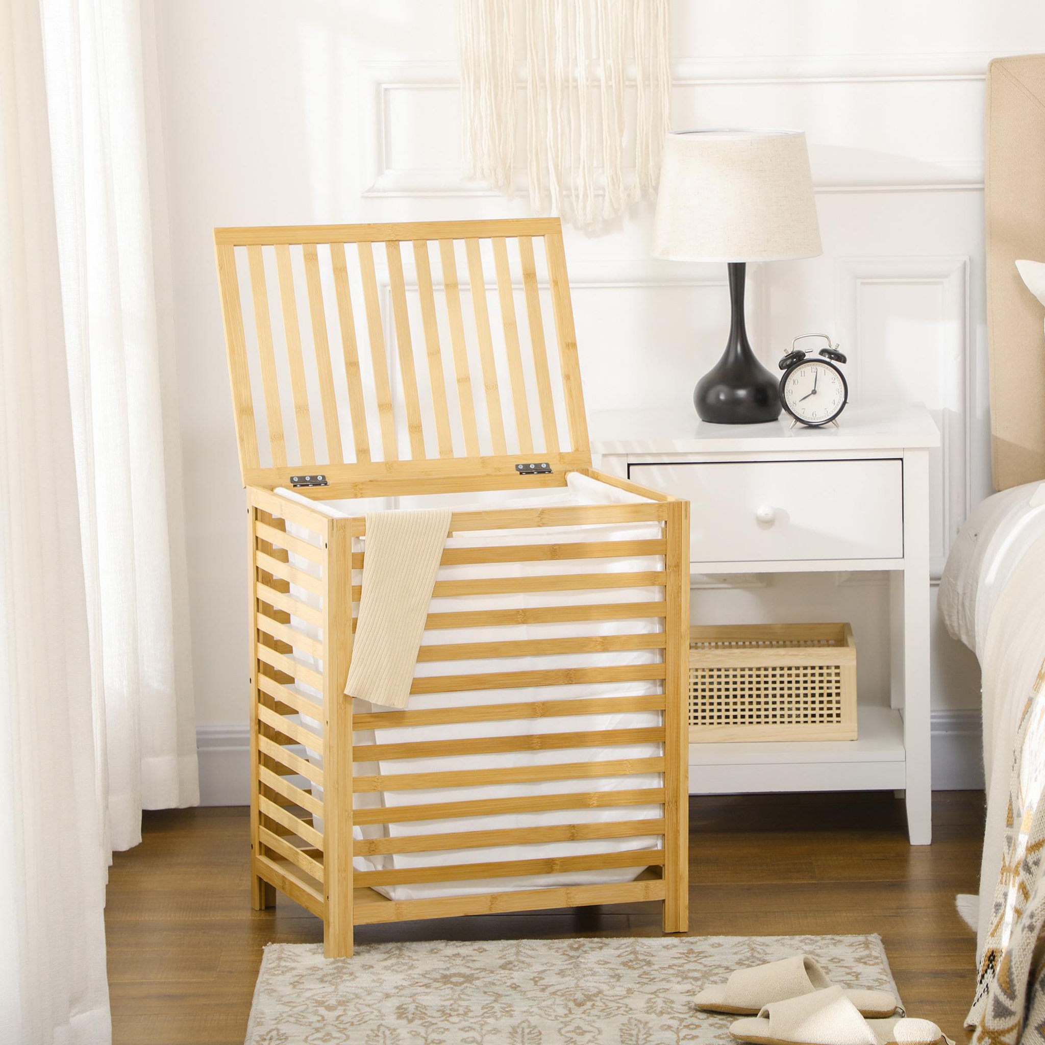 Voir la diapositive 4 : HOMCOM Panier à linge - sac en tissu amovible, couvercle - dim. 50l x 36l x 60h - bois bambou verni