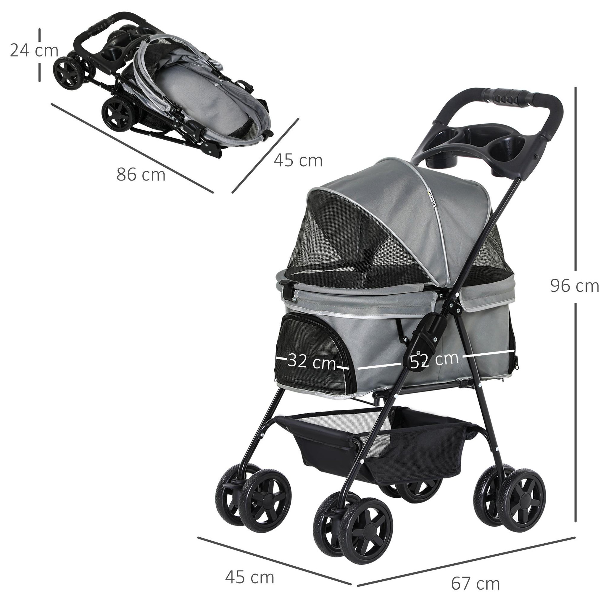 Voir la diapositive 3 : PAWHUT Poussette buggy pliable chien chat panier rangement porte-gobelets tissu 300d oxford imperméable 4 roues gris