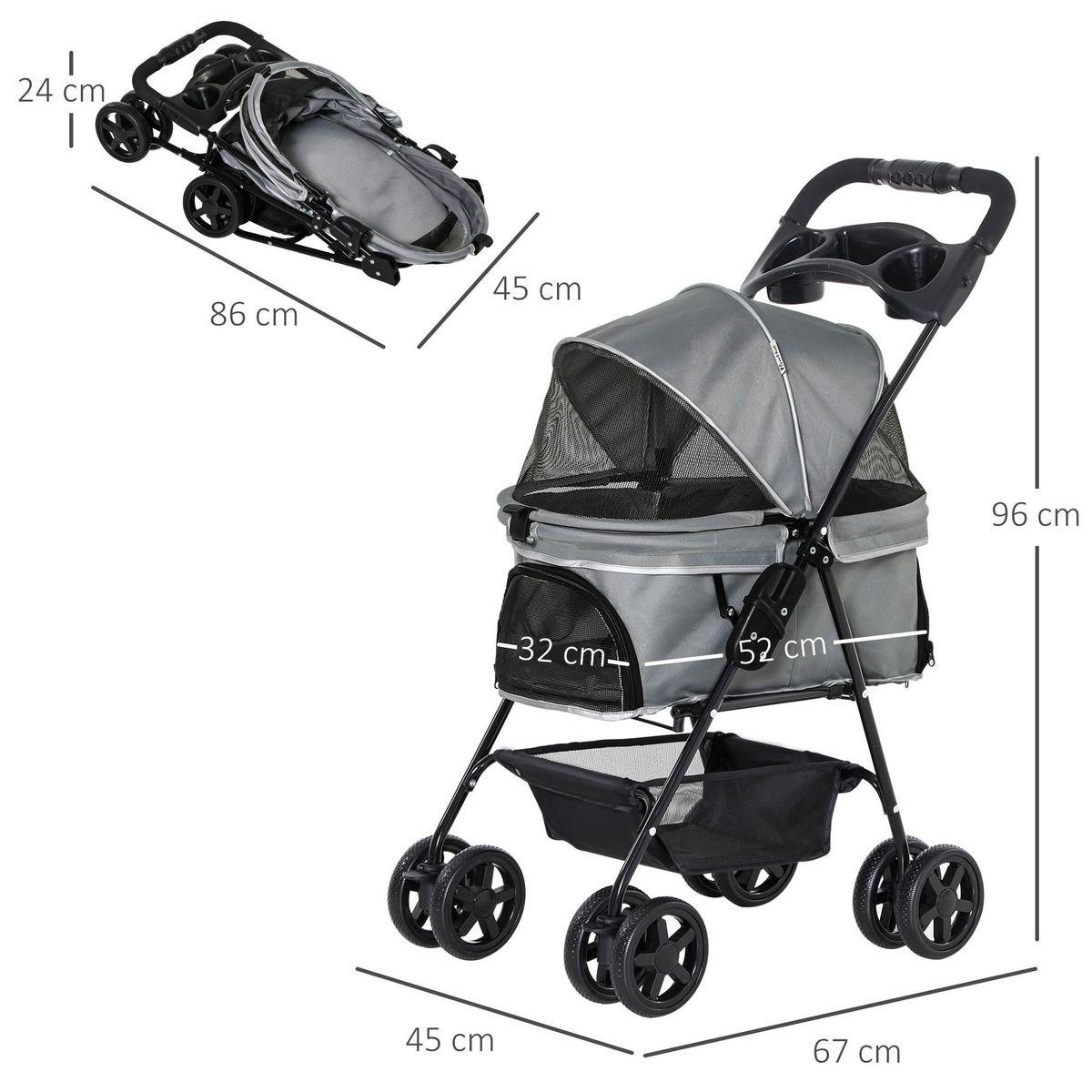PAWHUT Poussette buggy pliable chien chat panier rangement porte-gobelets tissu 300D Oxford imperméable 4 roues gris