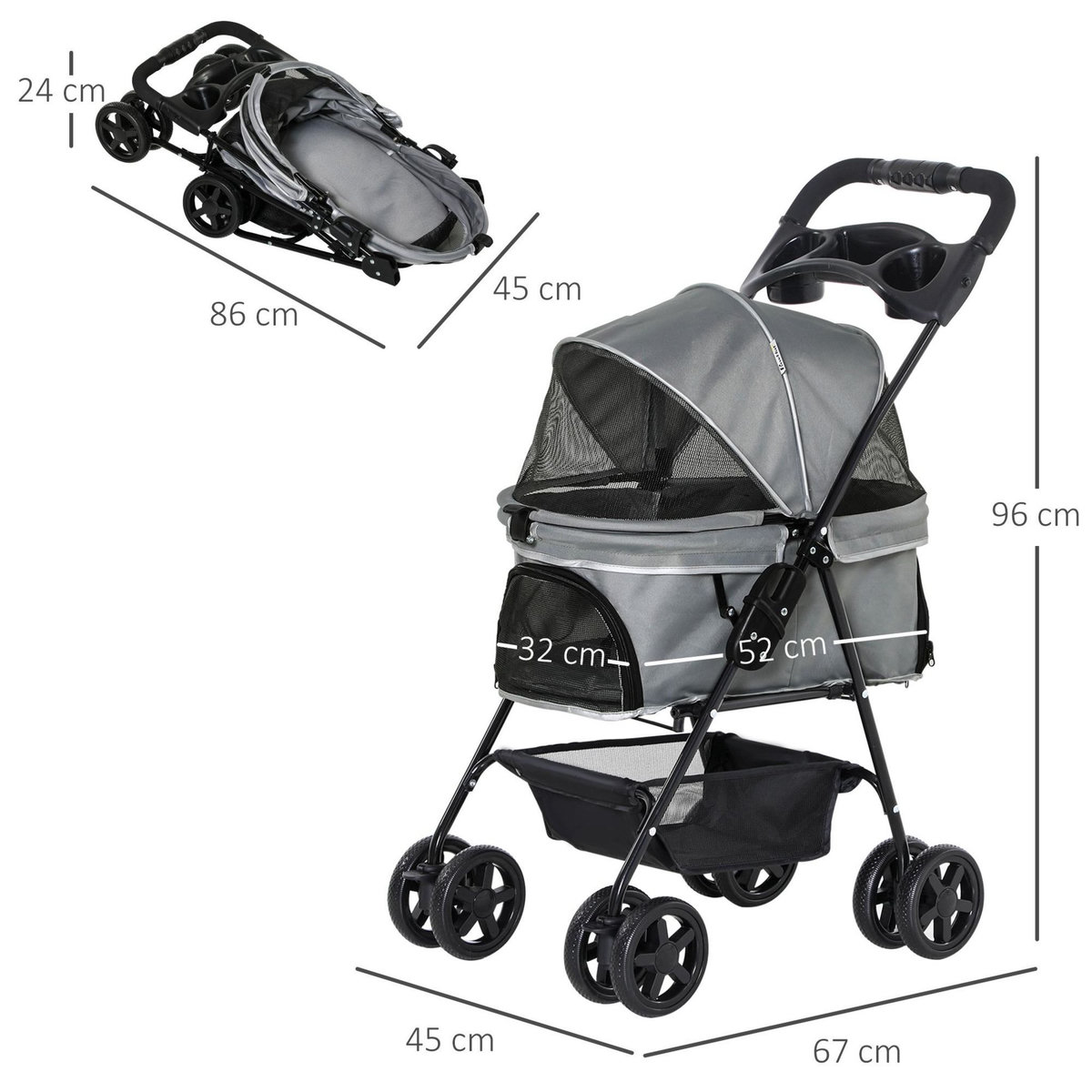 PAWHUT Poussette buggy pliable chien chat panier rangement porte-gobelets tissu 300D Oxford imperméable 4 roues gris