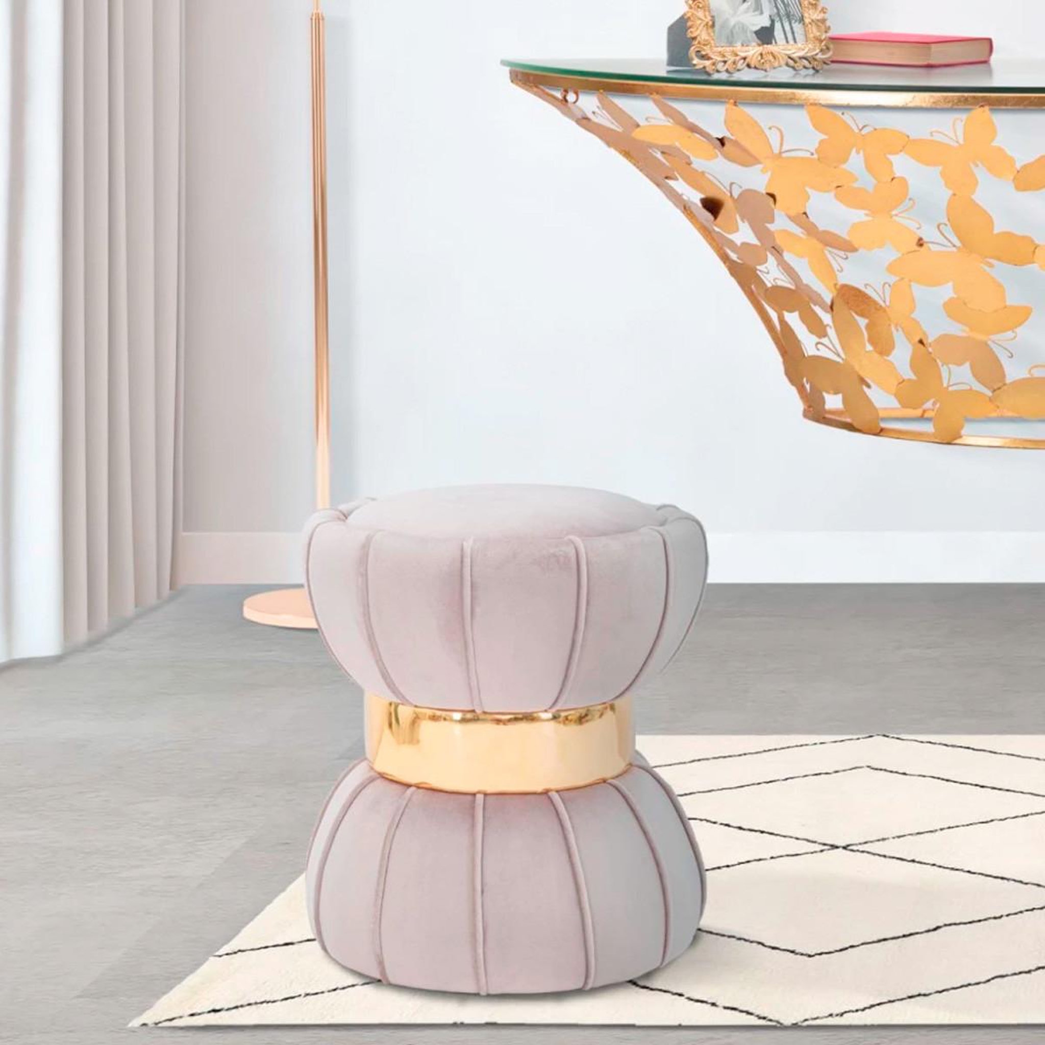Voir la diapositive 5 : Paris Prix Pouf design en velours  flower  44cm gris & or