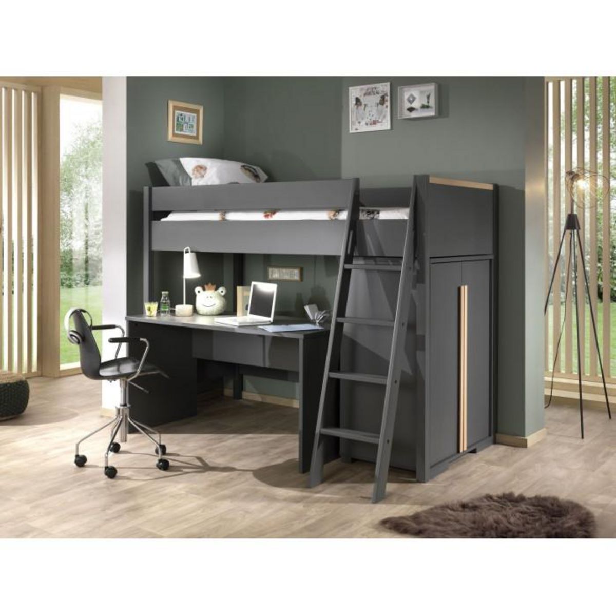 Paris Prix Pack - Lit Mezzanine Enfant, Armoire & Bureau  London  Anthracite