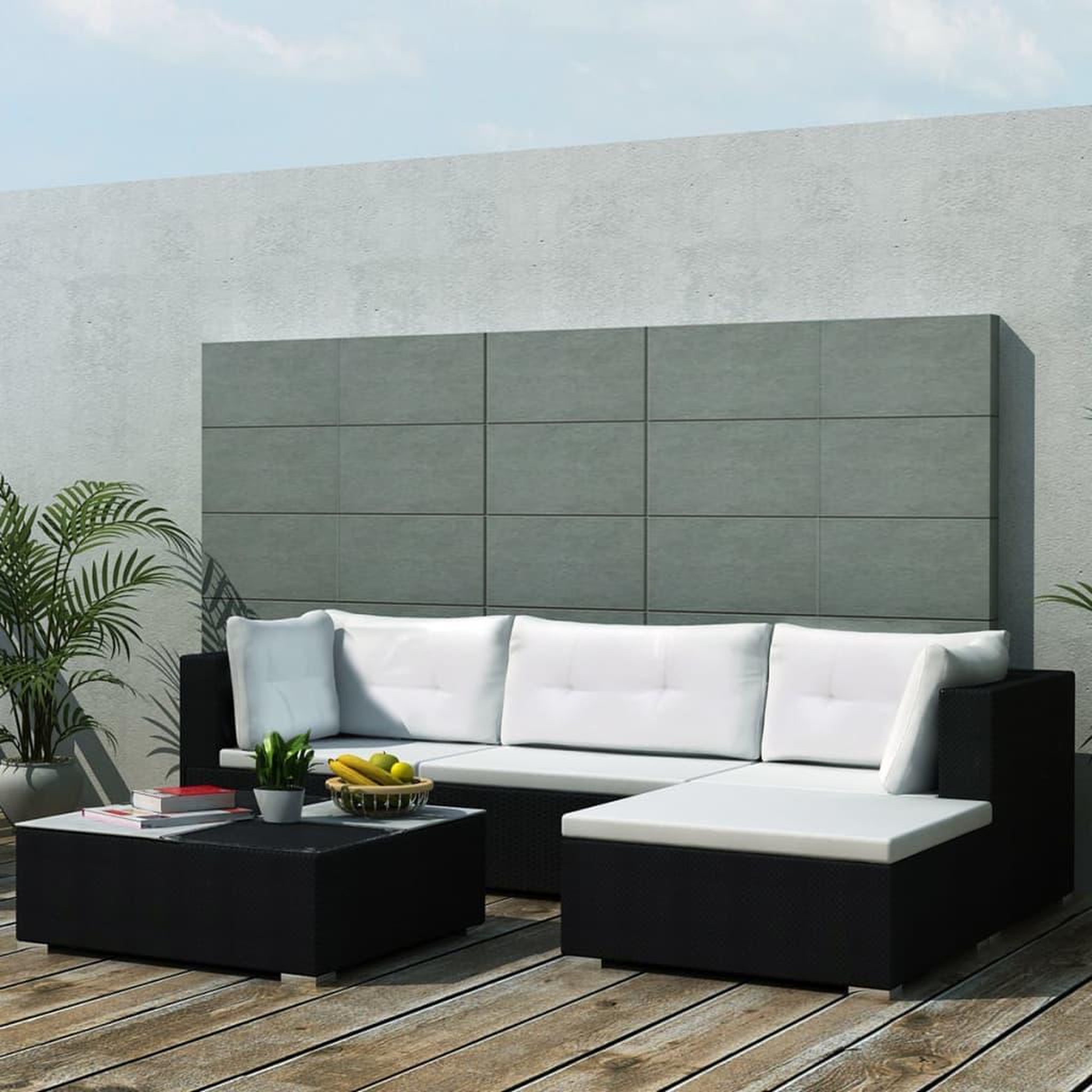 VIDAXL Salon de jardin 5 pcs avec coussins resine tressee noir