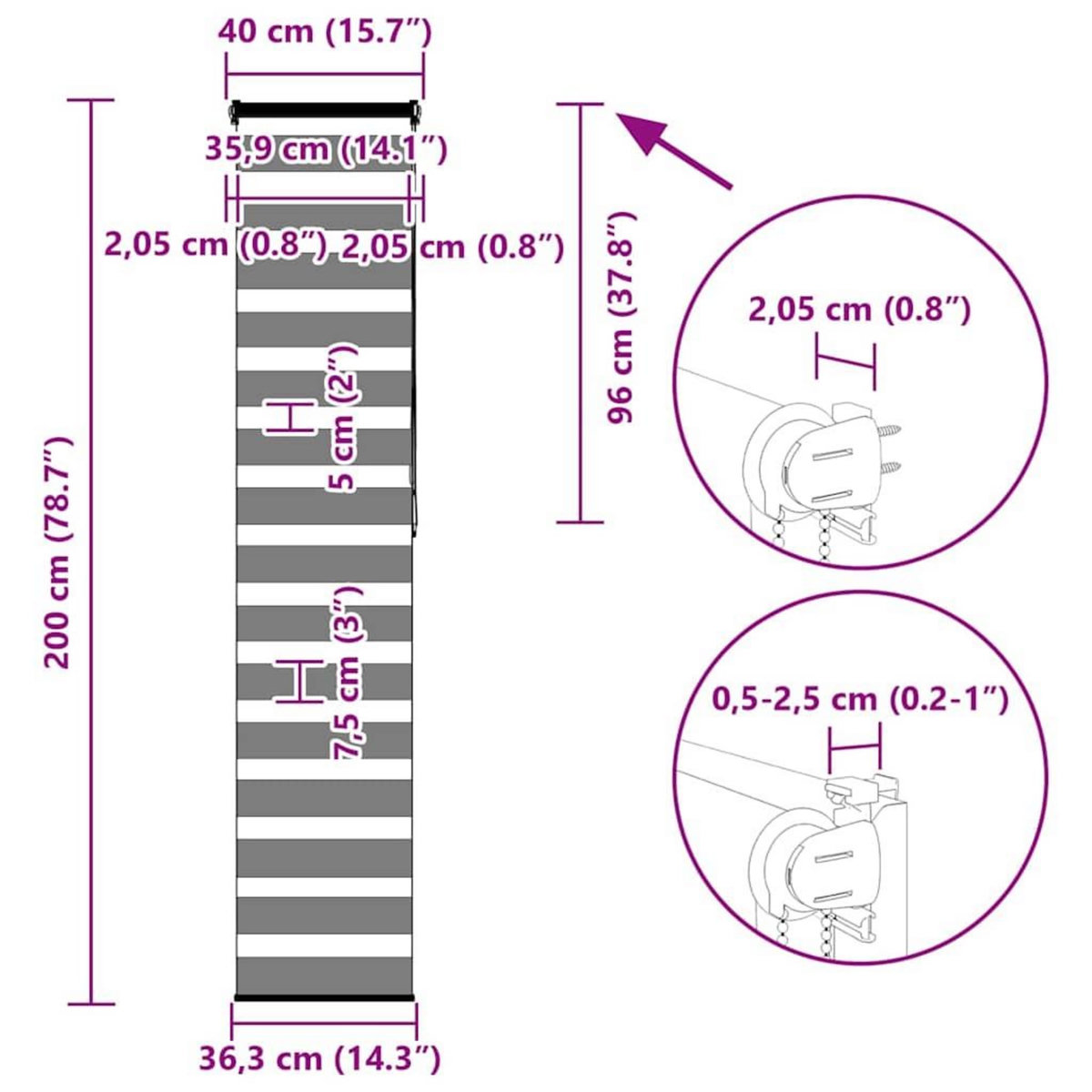 VIDAXL Store zebre gris clair largeur du tissu 35,9 cm polyester