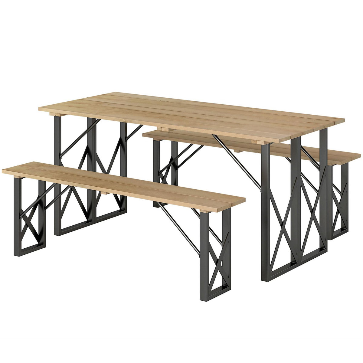 OUTSUNNY Ensemble table et 2 bancs en bois 6 personnes - table 160 cm avec espace parasol - acier épicéa