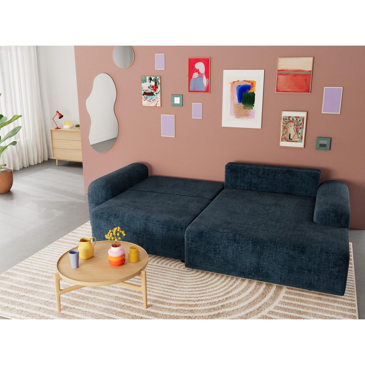 BEST MOBILIER Rebecca - canapé d'angle droit 4 places convertible avec coffre en velours texturé