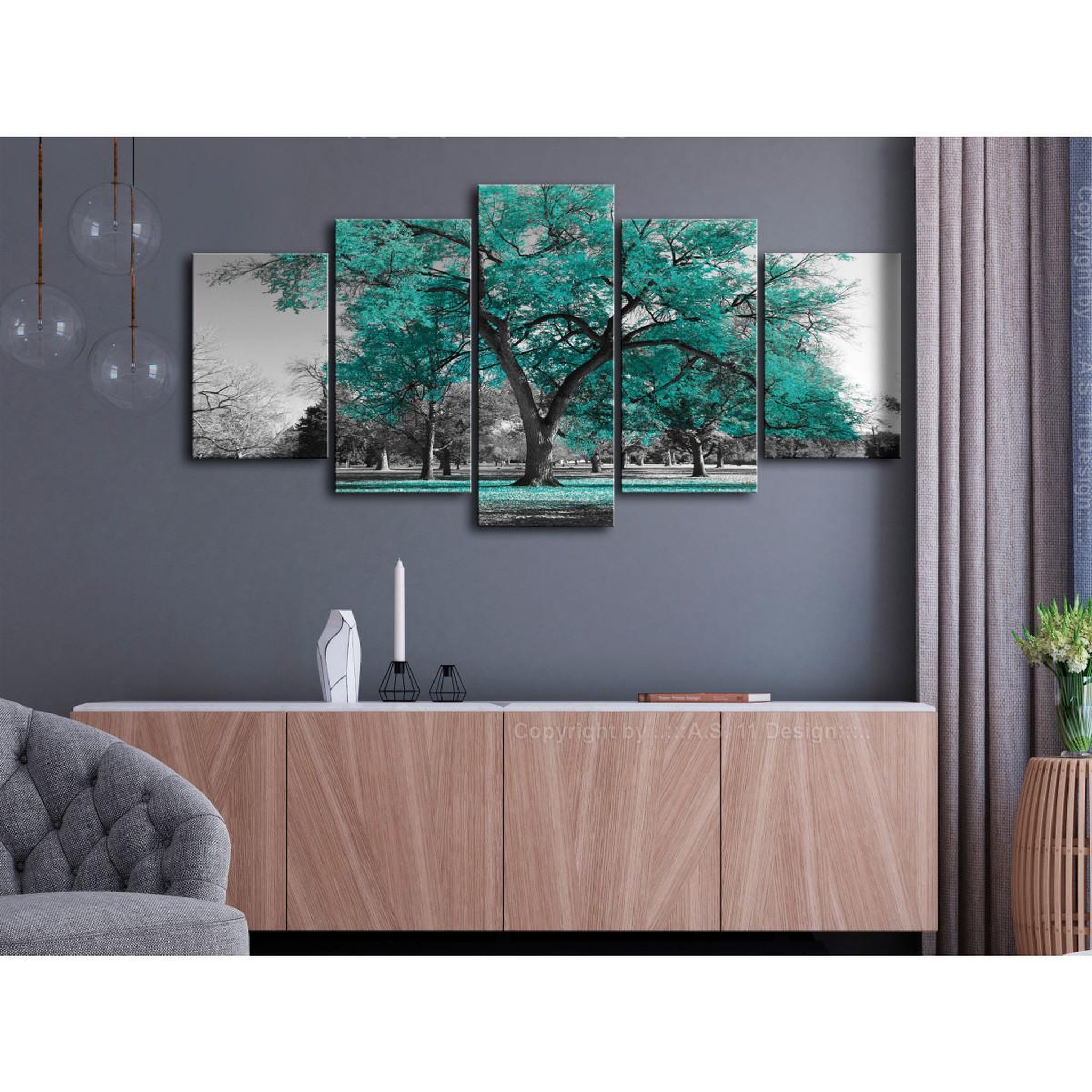 Voir la diapositive 2 : Paris Prix Tableau 5 panneaux  autumn in the park wide turquoise