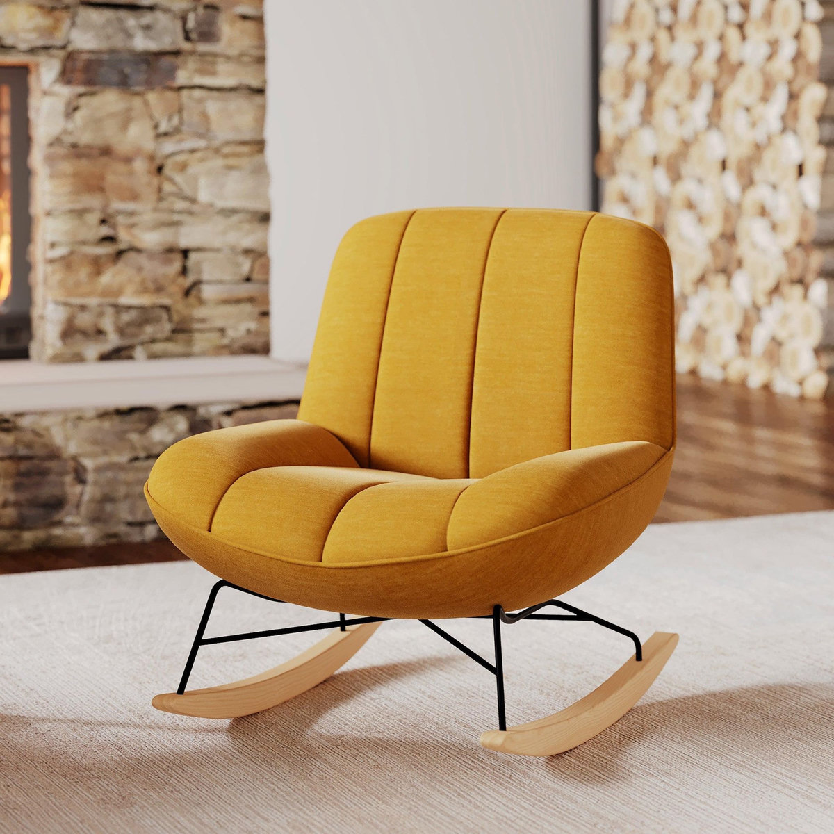 Rendez vous déco Rocking chair en tissu effet velours jaune moutarde-Alvin