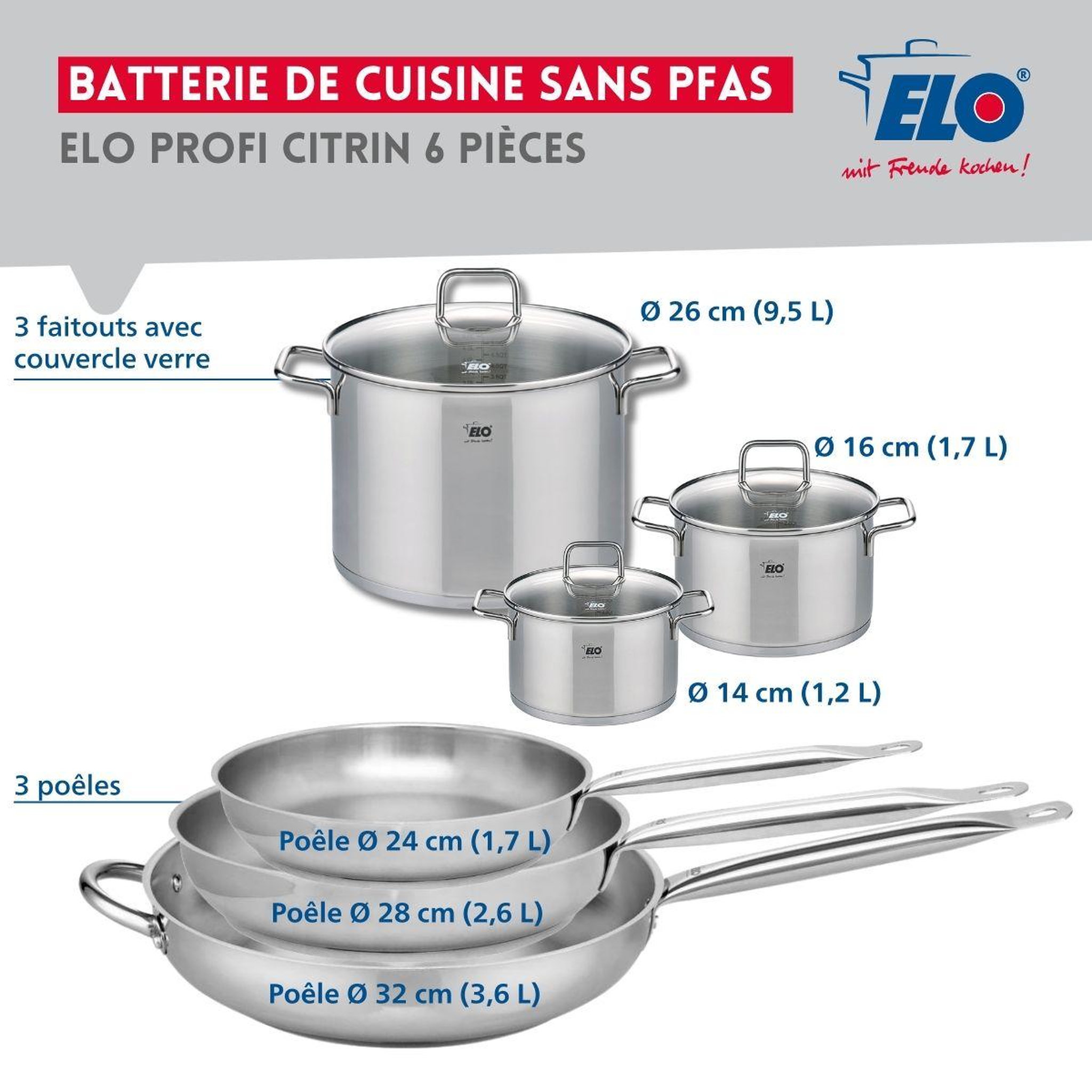 Voir la diapositive 2 : ELO Ensemble de 3 poêles de cuisson 24, 28 et 32 cm et 3 faitouts 14, 16 et 26 cm elo profi citrin