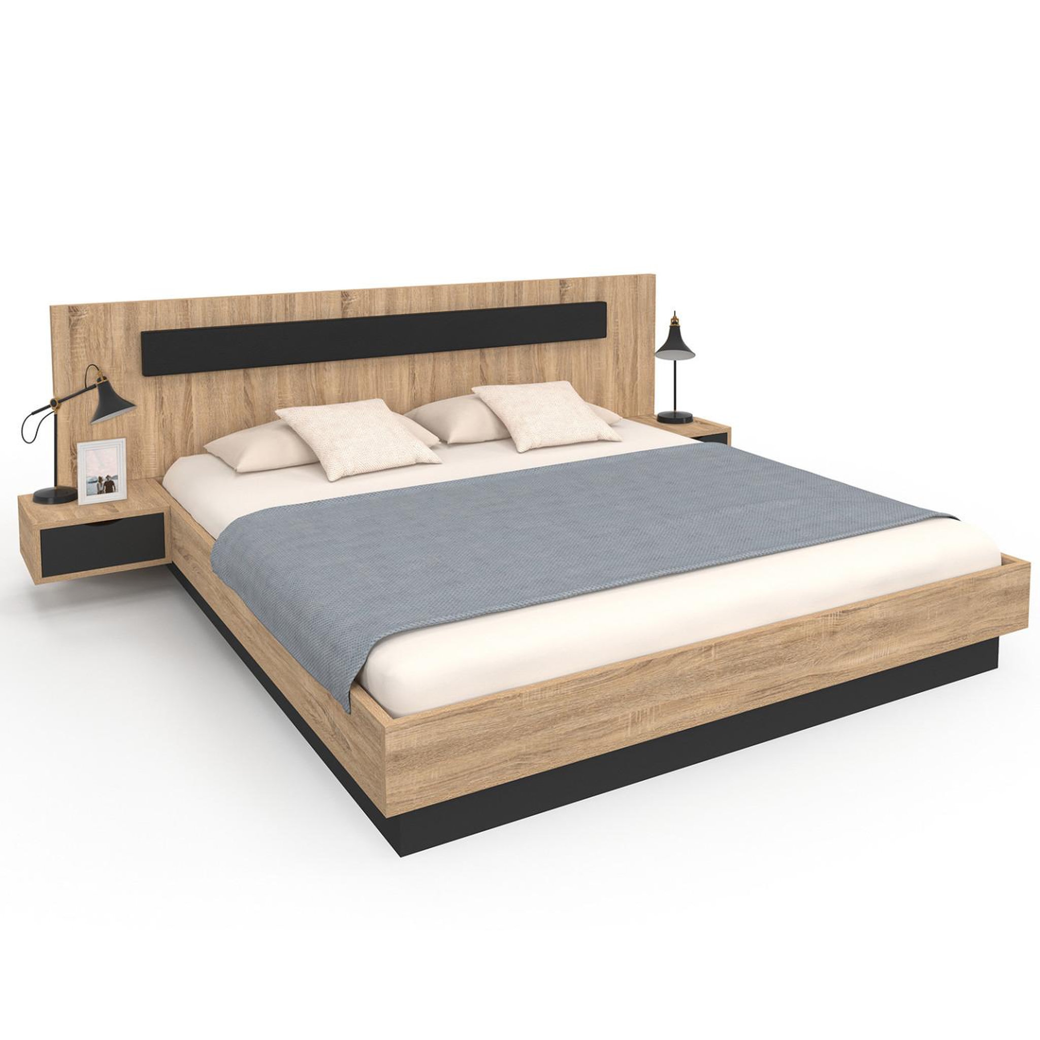 ID MARKET Lit double santa avec tête de lit + tables de chevet intégrées et sommier 180 x 200 cm bois et noir