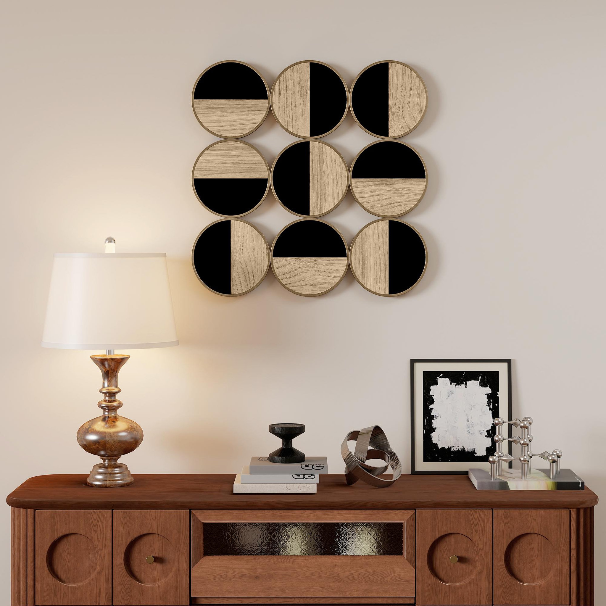 Voir la diapositive 4 : HOMCOM Décoration murale métal doré géométrique 9 disques 60 x 60 cm bicolore effet bois naturel noir