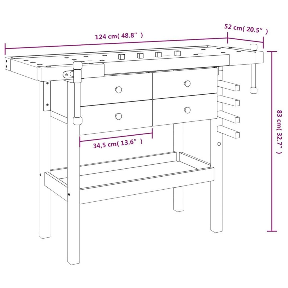 VIDAXL Etabli avec tiroirs et etaux 124x52x83 cm Bois massif d'acacia